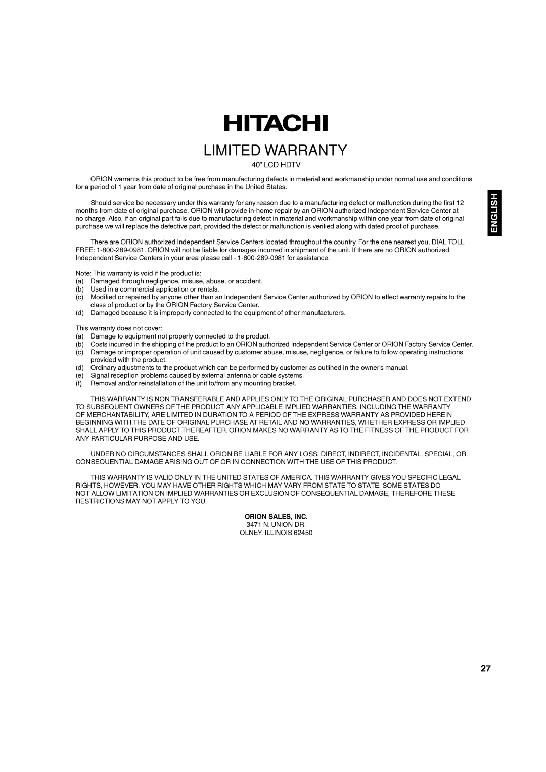 Hitachi L40A105 important safety instructions Limited Warranty, Orion SALES, INC 