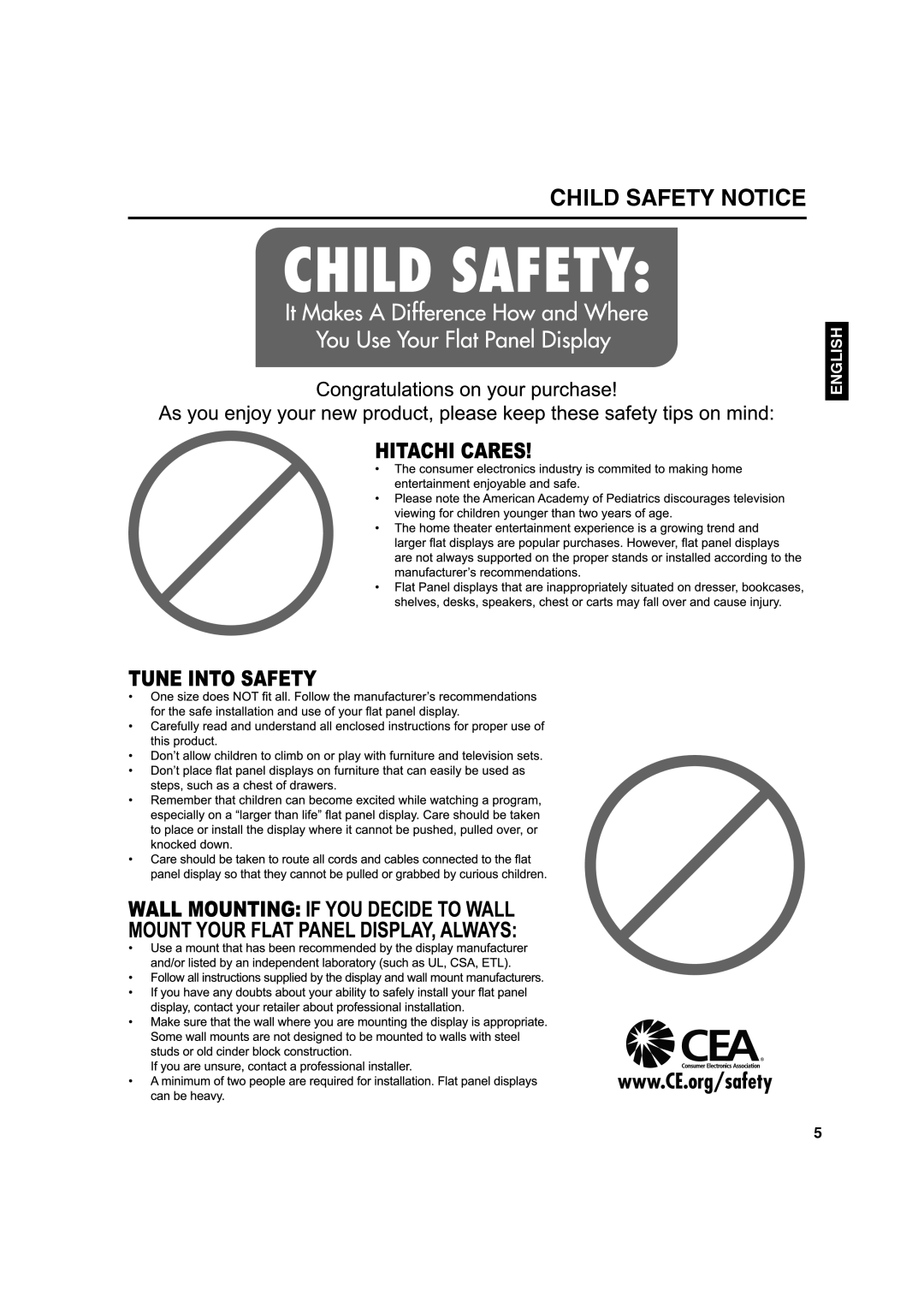 Hitachi L40A105 important safety instructions Child Safety Notice 