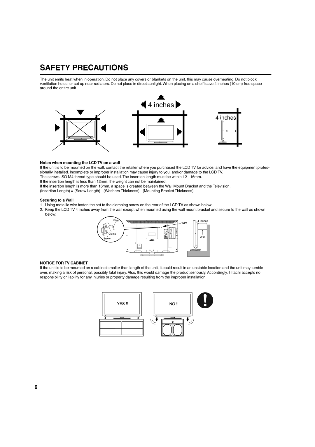 Hitachi L40A105 important safety instructions Safety Precautions, Securing to a Wall 