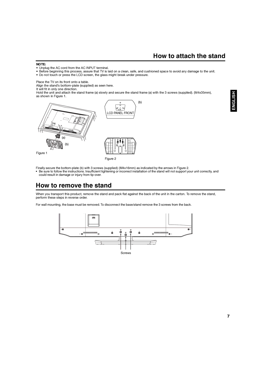 Hitachi L40A105 important safety instructions How to attach the stand, How to remove the stand 