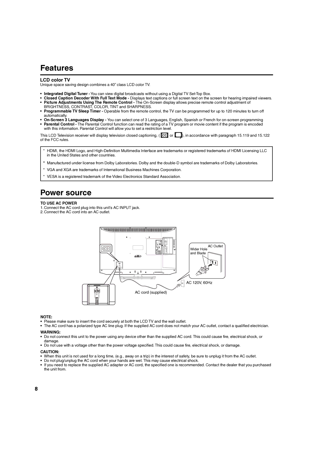 Hitachi L40A105 important safety instructions Features, Power source, To USE AC Power 