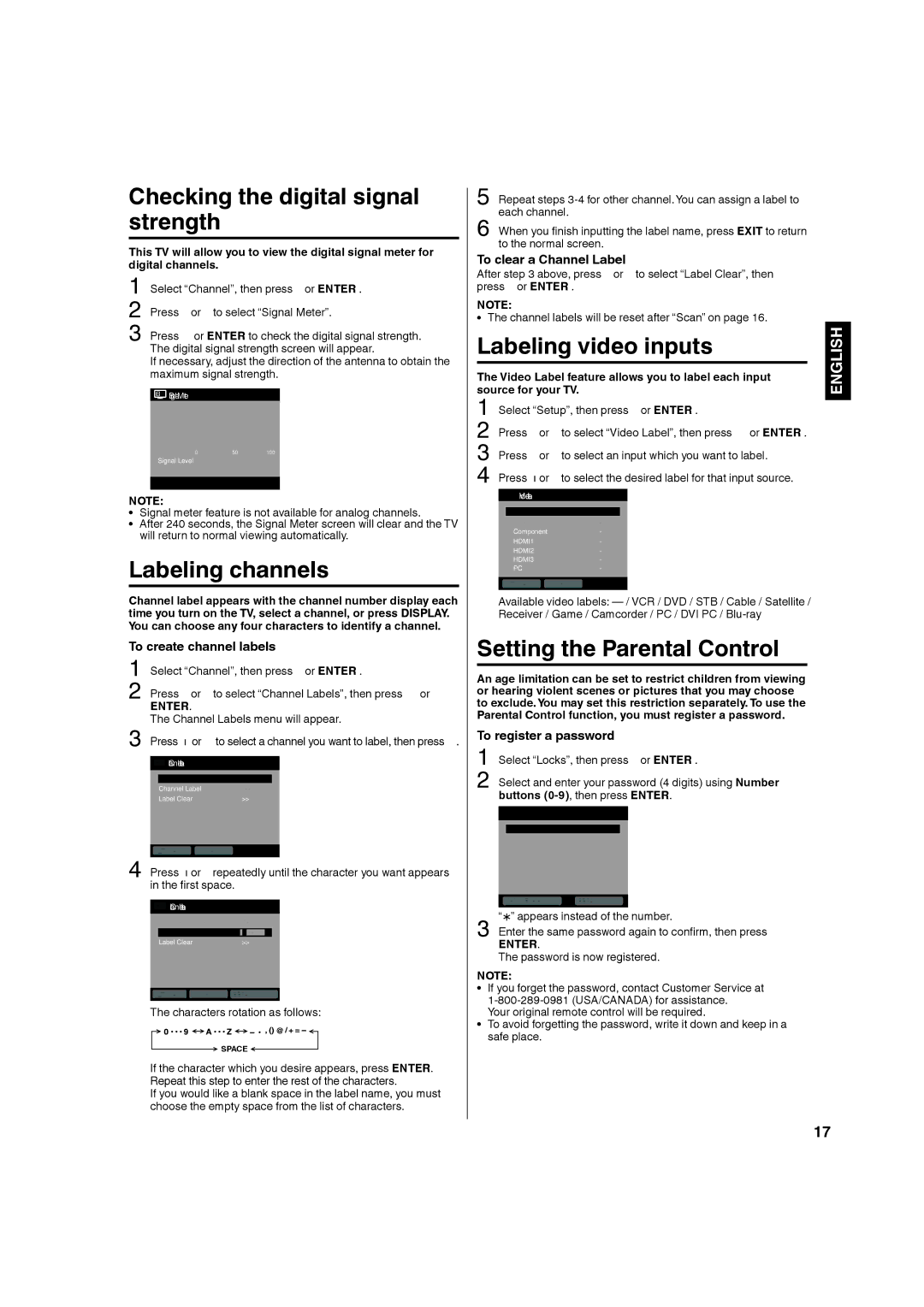 Hitachi L40A105A Checking the digital signal strength, Labeling channels, Labeling video inputs 