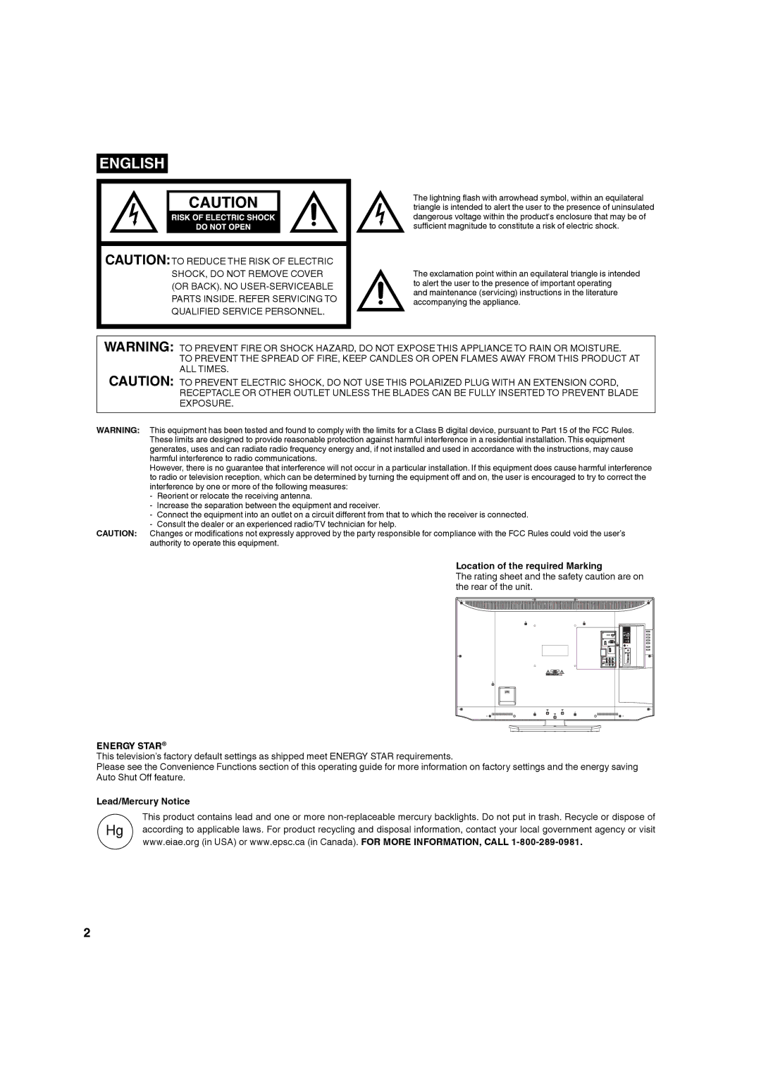 Hitachi L40A105A important safety instructions Location of the required Marking, Energy Star, Lead/Mercury Notice 