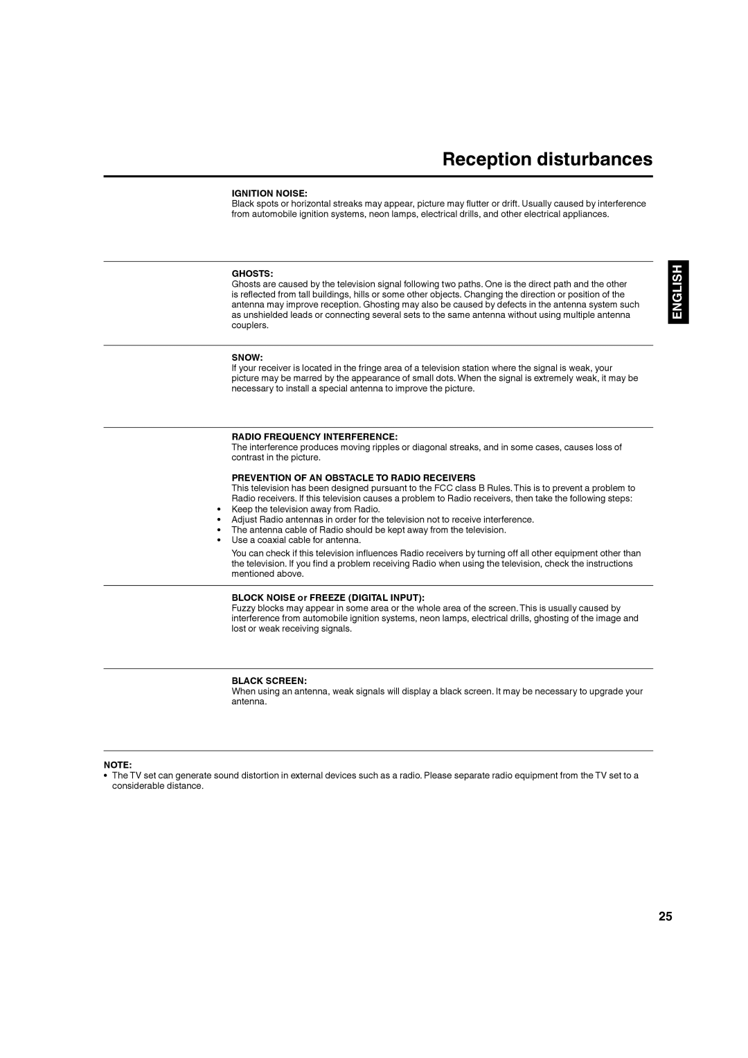 Hitachi L40A105A important safety instructions Reception disturbances 