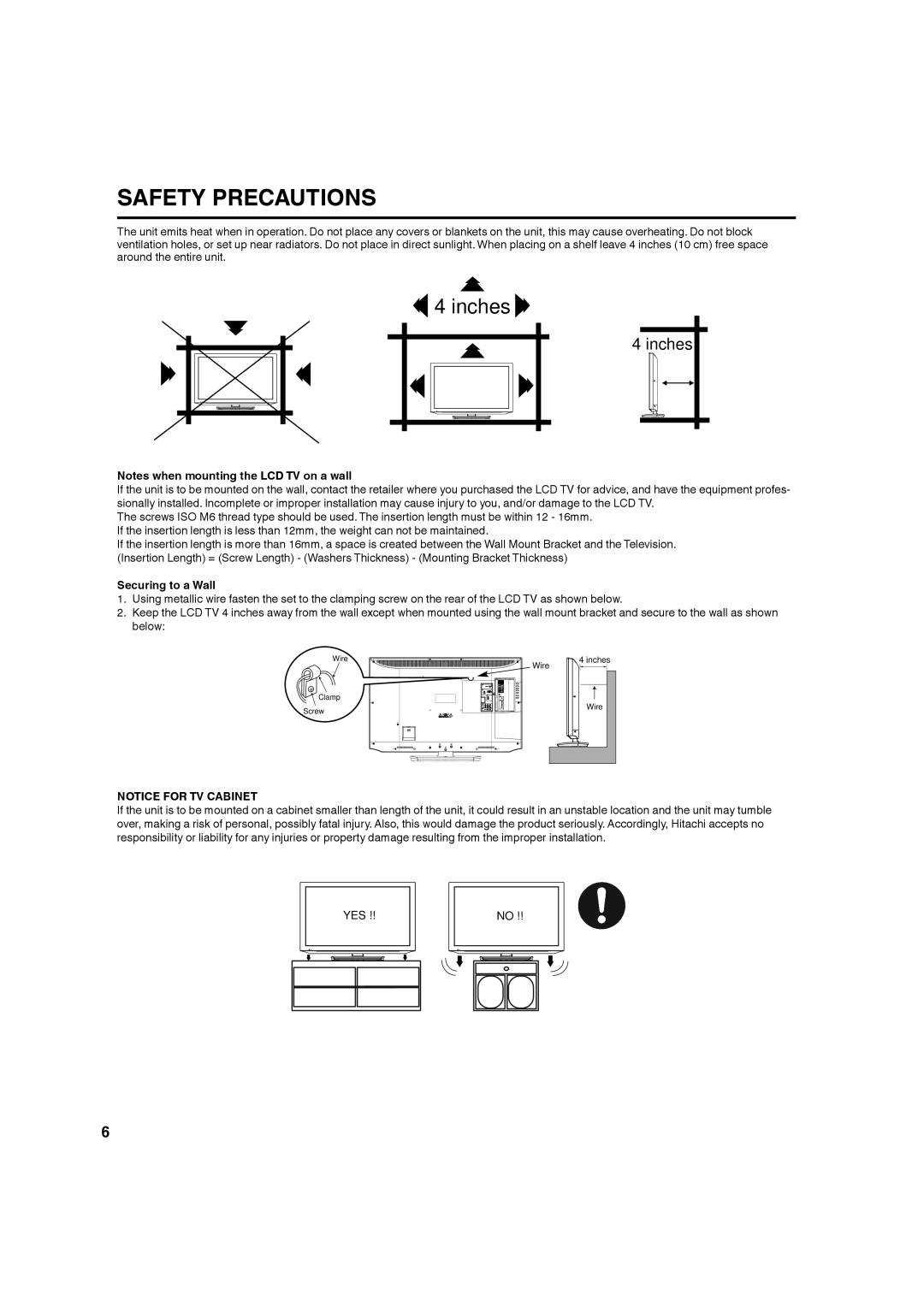 Hitachi L40A105A important safety instructions Safety Precautions, Securing to a Wall 