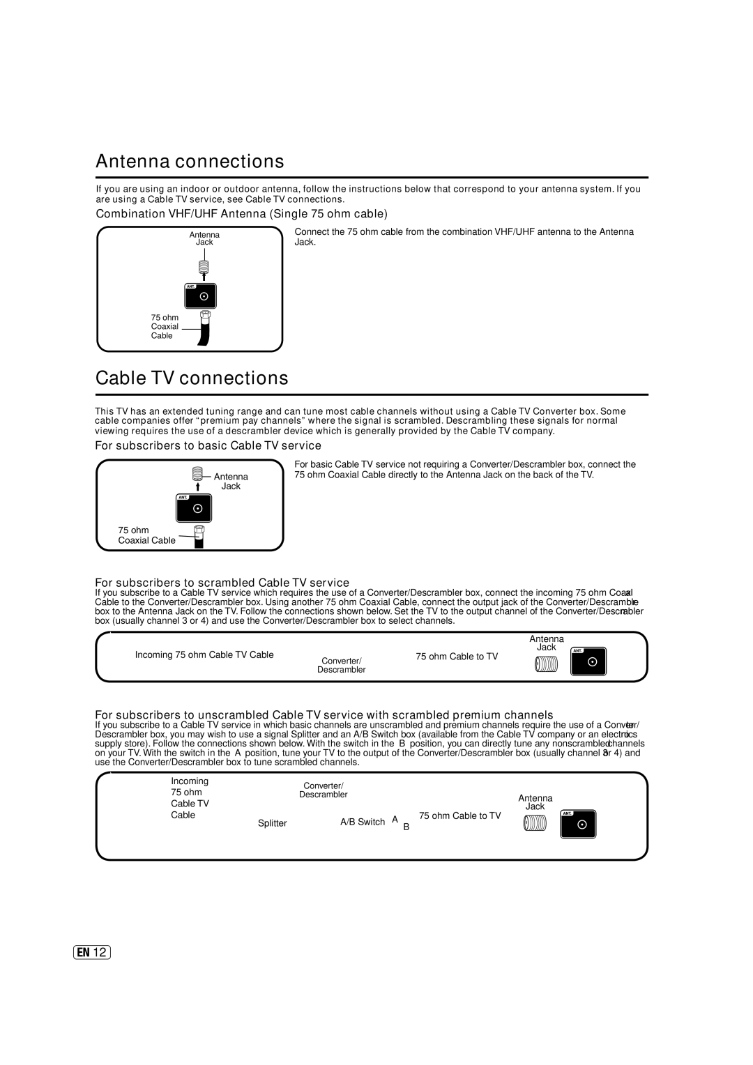 Hitachi L40A105E important safety instructions Antenna connections, Cable TV connections 