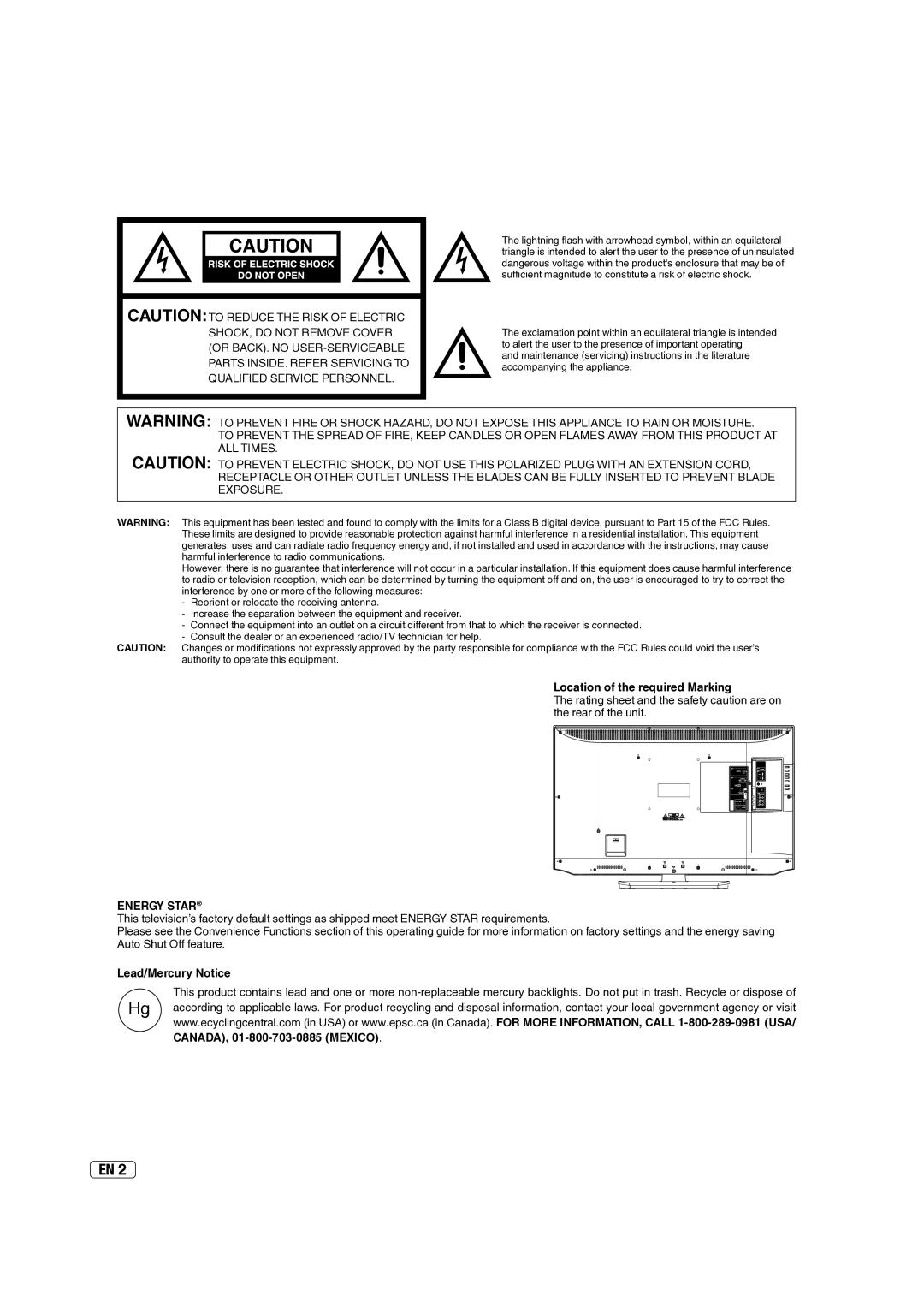 Hitachi L40A105E Location of the required Marking, Energy Star, Lead/Mercury Notice CANADA, 01-800-703-0885 Mexico 