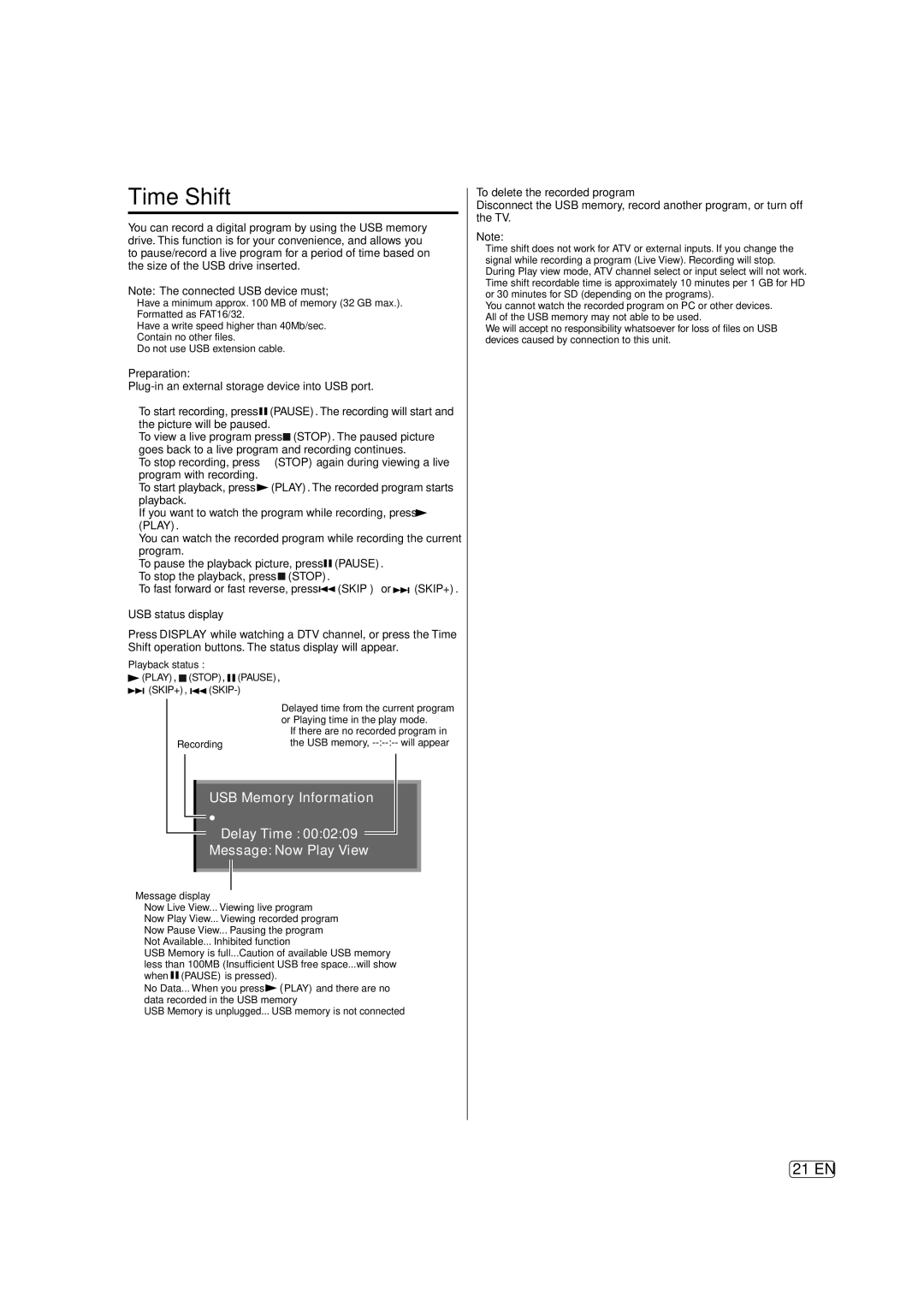 Hitachi L40A105E important safety instructions Time Shift, Preparation, USB status display, To delete the recorded program 