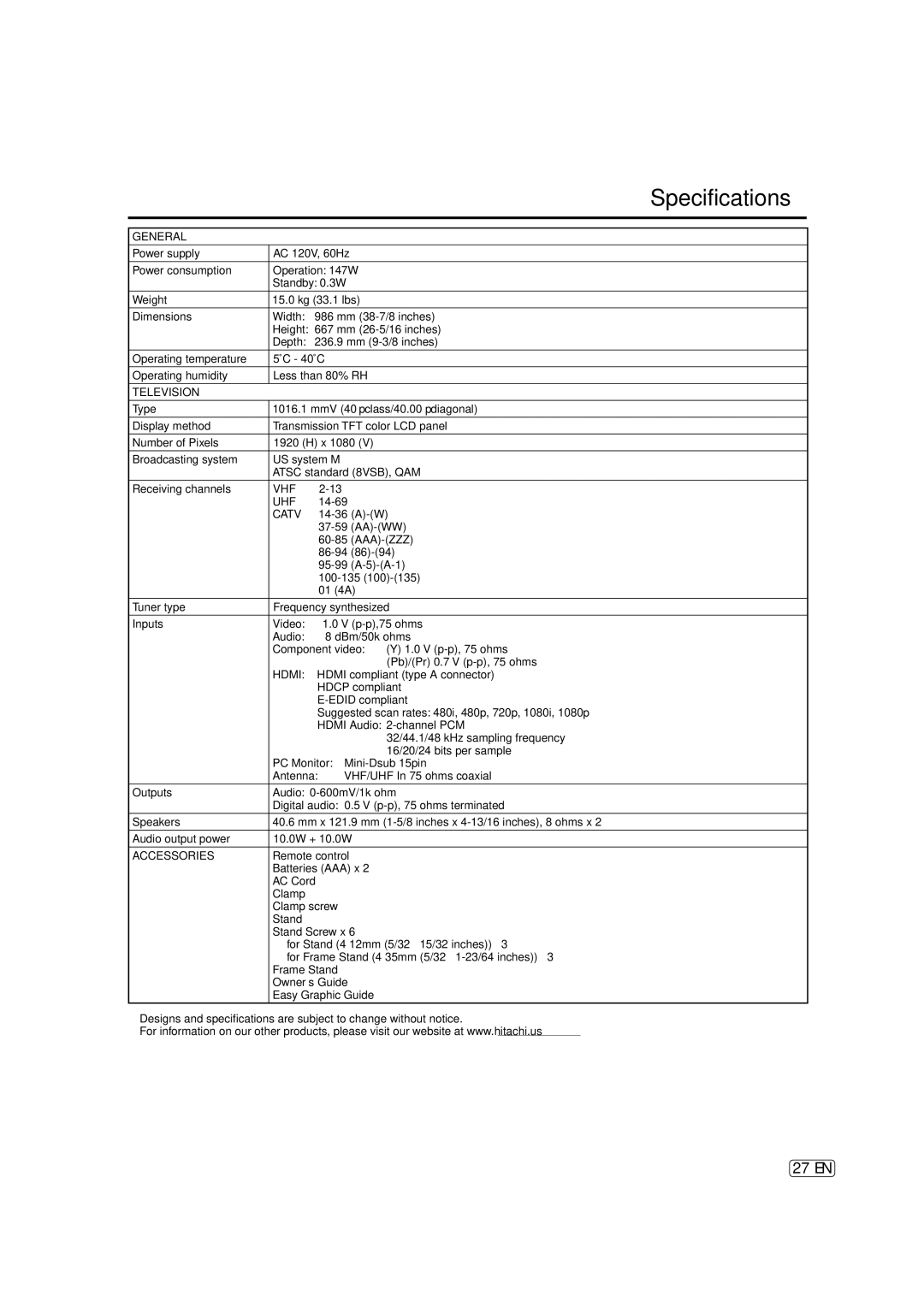 Hitachi L40A105E important safety instructions Specifications, General, Television, Accessories 