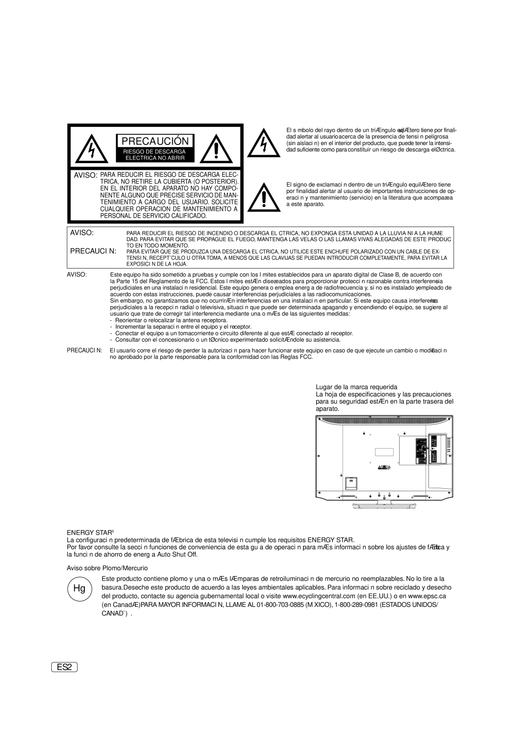 Hitachi L40A105E important safety instructions Lugar de la marca requerida, Aviso sobre Plomo/Mercurio 