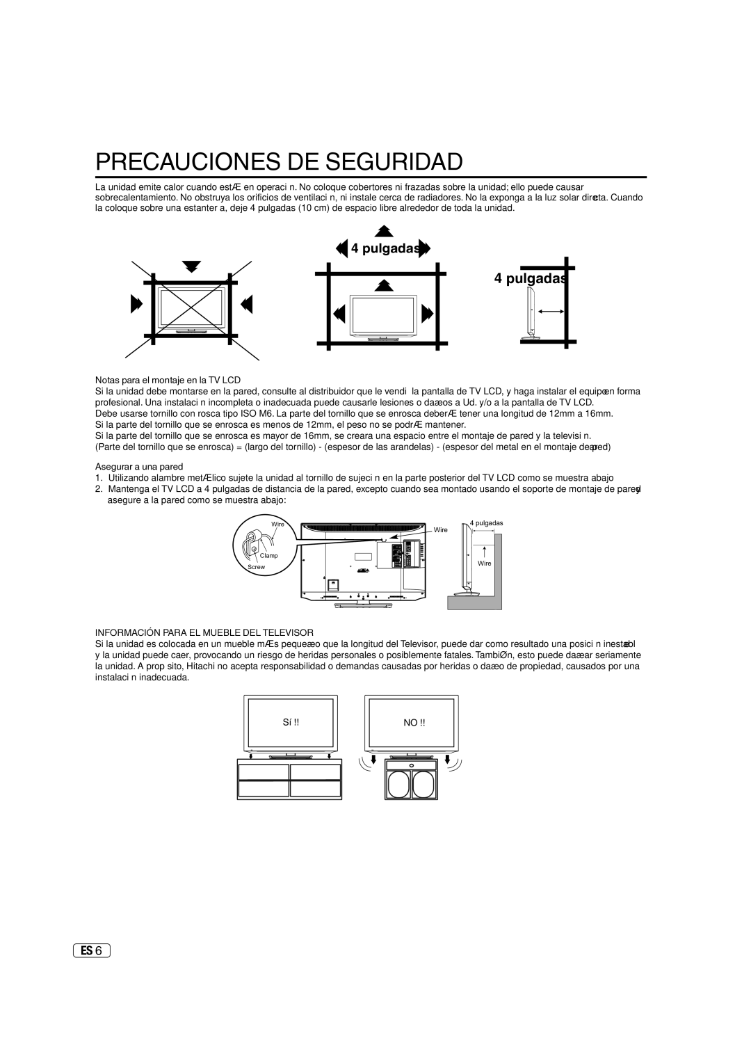 Hitachi L40A105E Notas para el montaje en la TV LCD, Asegurar a una pared, Información Para EL Mueble DEL Televisor 