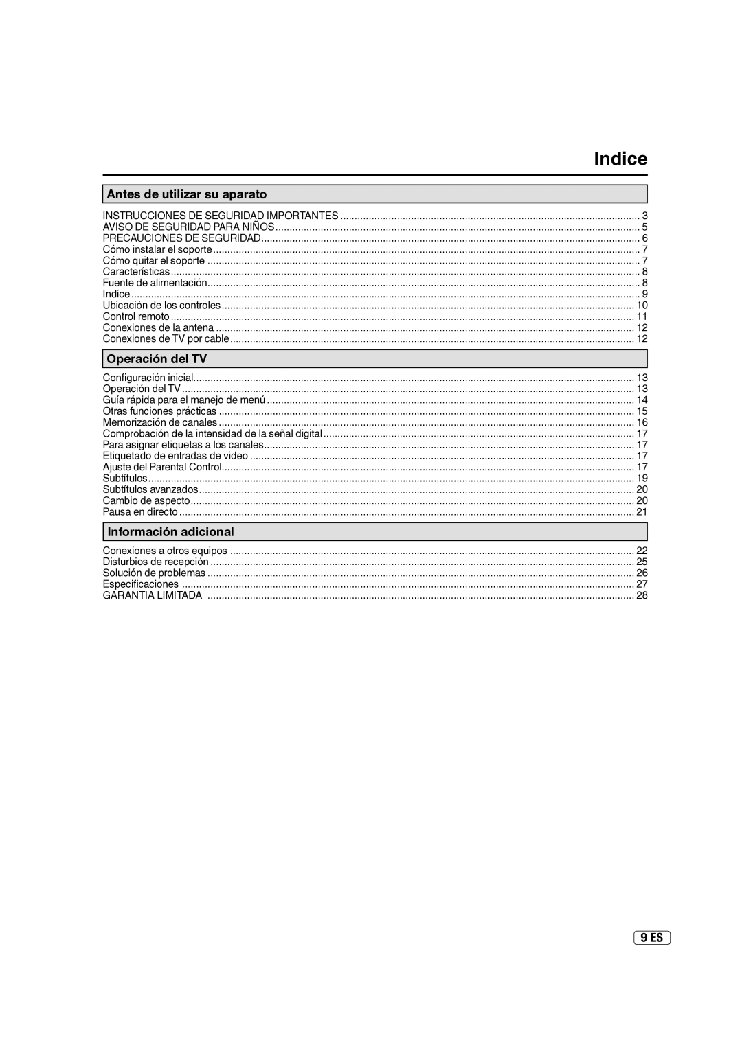 Hitachi L40A105E important safety instructions Indice, Antes de utilizar su aparato 