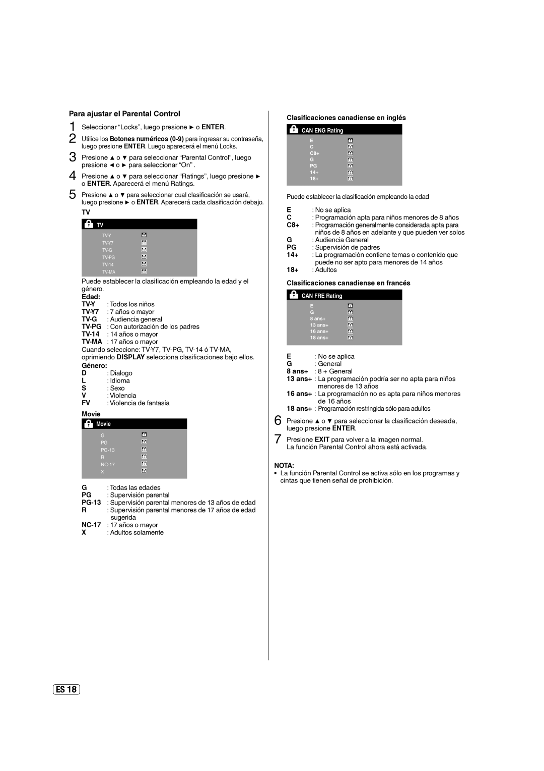 Hitachi L40A105E important safety instructions Para ajustar el Parental Control 