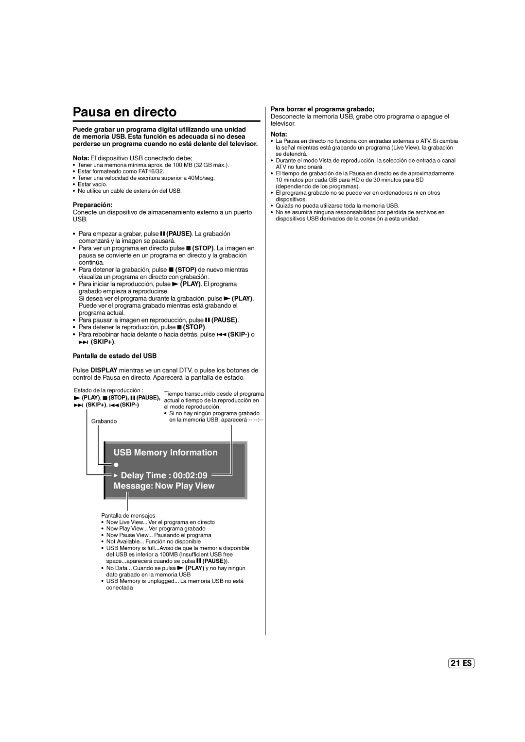 Hitachi L40A105E Pausa en directo, Preparación, Pantalla de estado del USB, Para borrar el programa grabado, Nota 