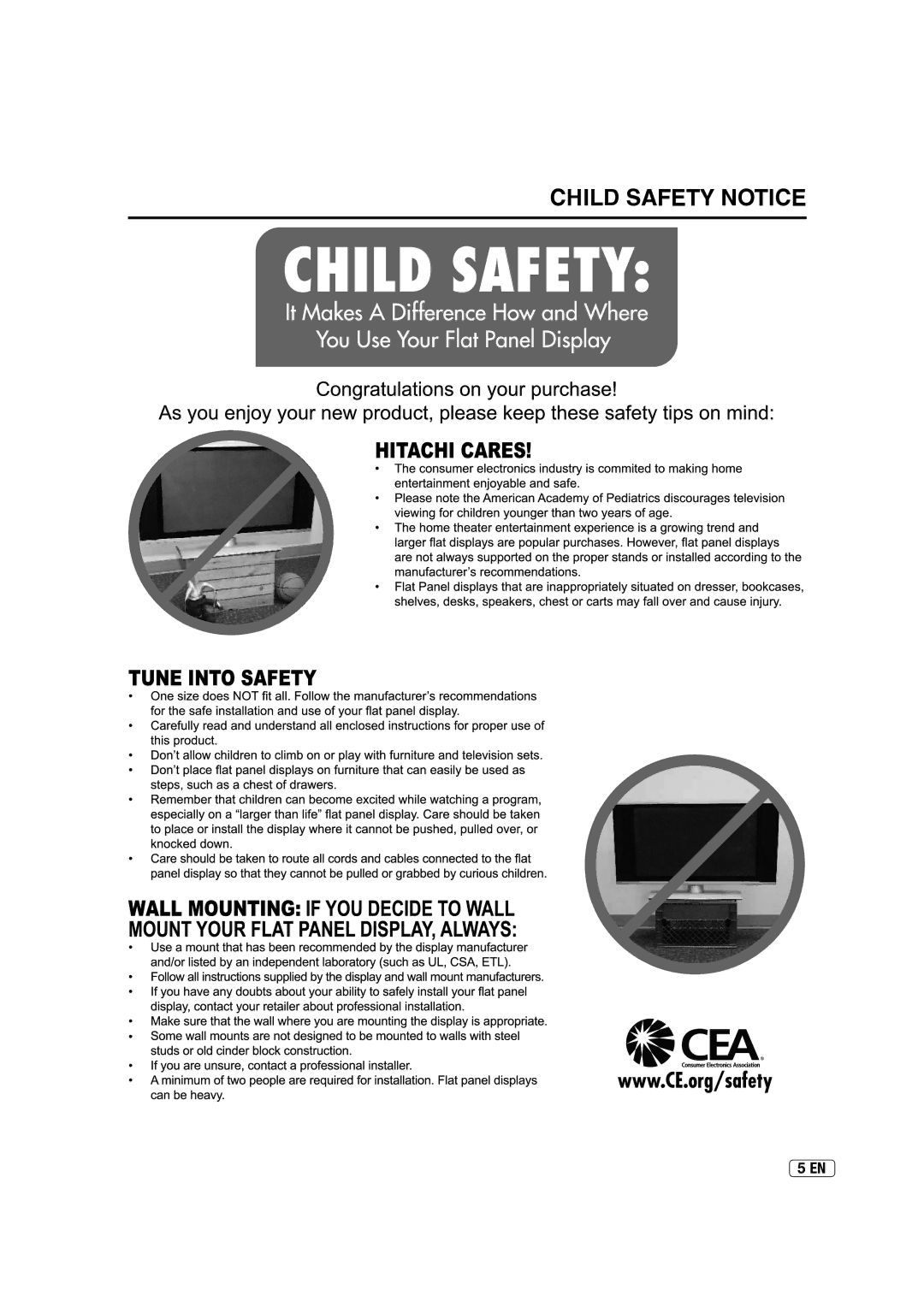 Hitachi L40A105E important safety instructions Child Safety Notice 