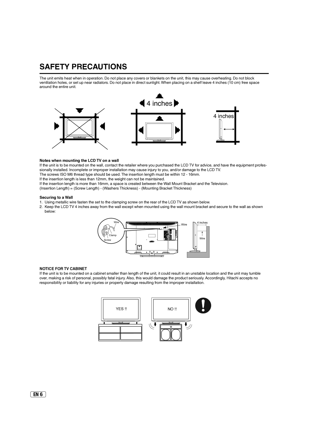 Hitachi L40A105E important safety instructions Safety Precautions, Securing to a Wall 