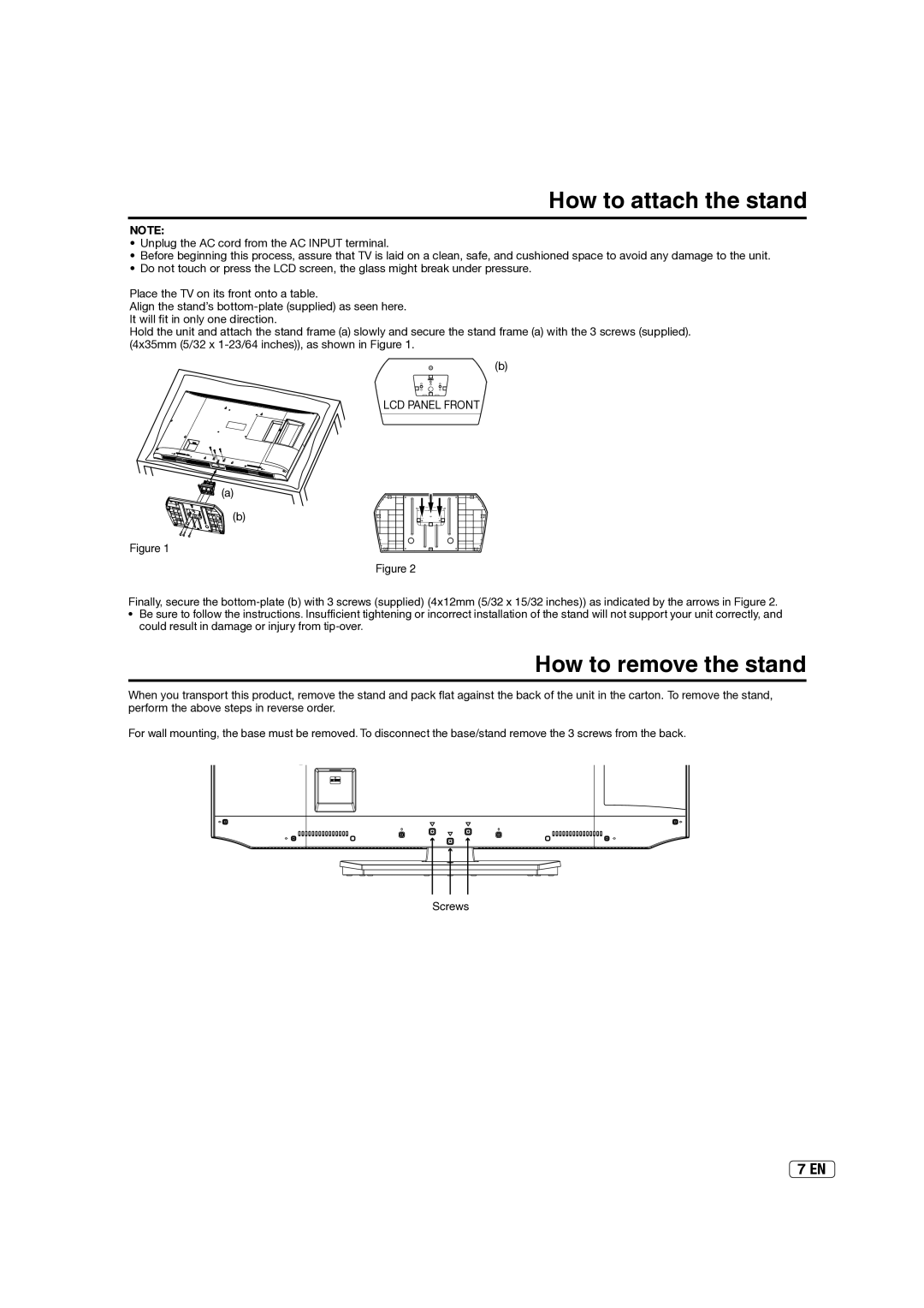 Hitachi L40A105E important safety instructions How to attach the stand, How to remove the stand, LCD Panel Front 