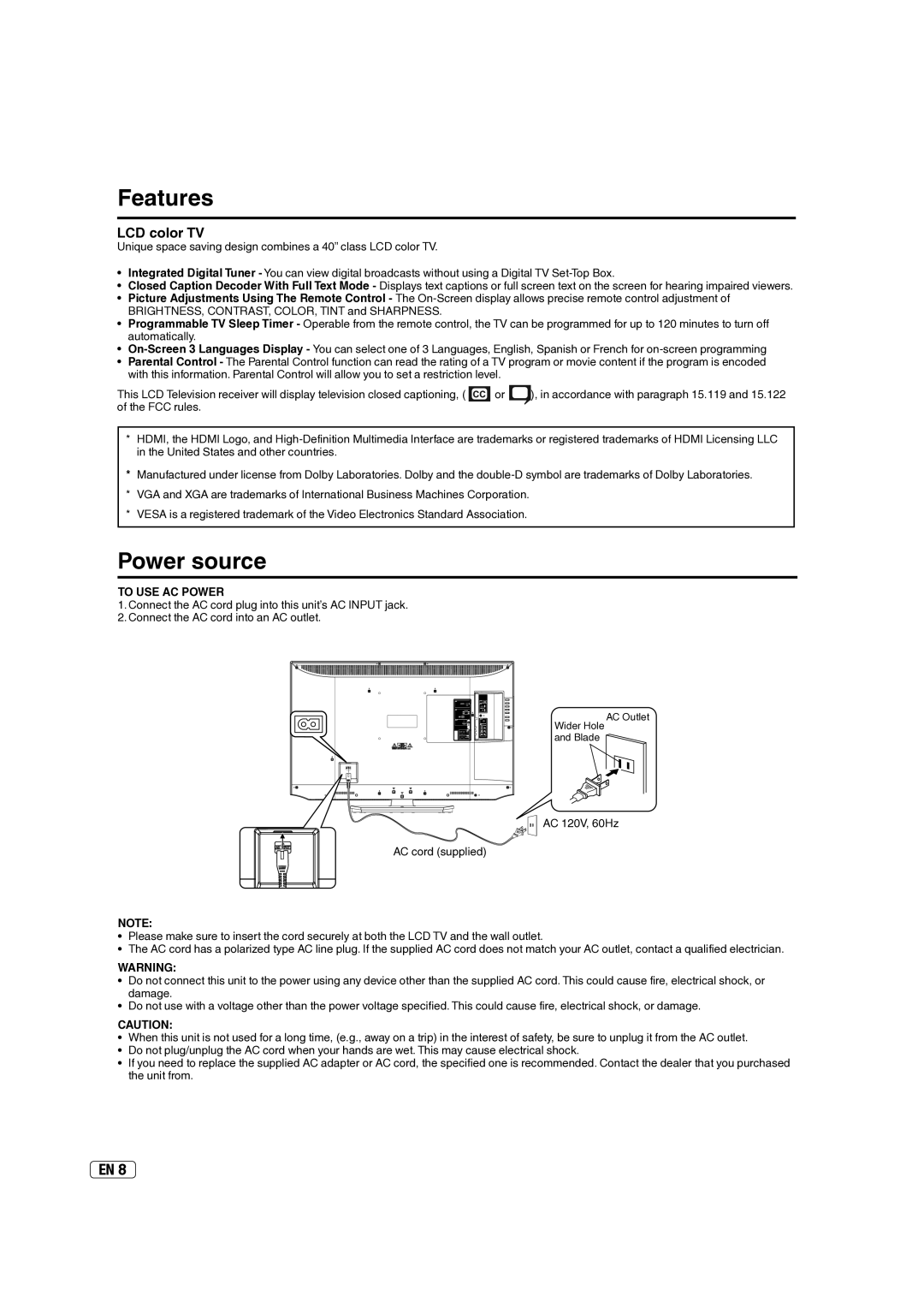 Hitachi L40A105E important safety instructions Features, Power source, To USE AC Power 