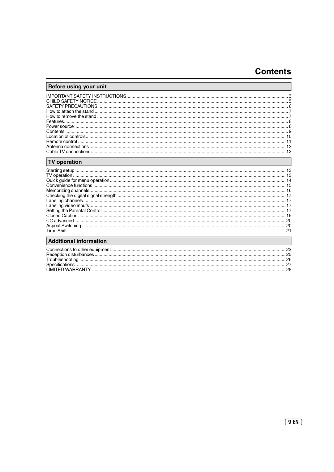 Hitachi L40A105E important safety instructions Contents 