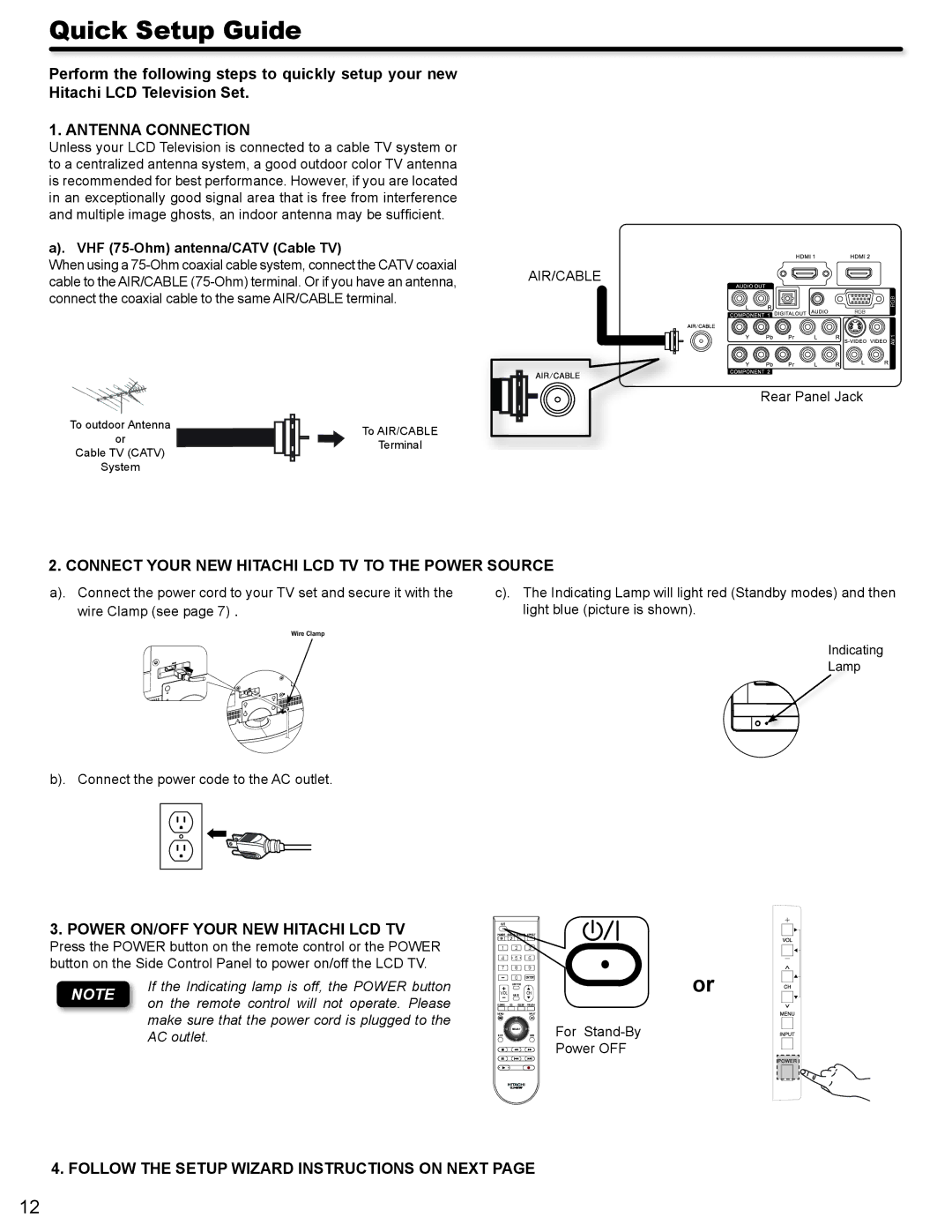 Hitachi L42A404 Quick Setup Guide, Antenna Connection, Connect Your NEW Hitachi LCD TV to the Power Source 