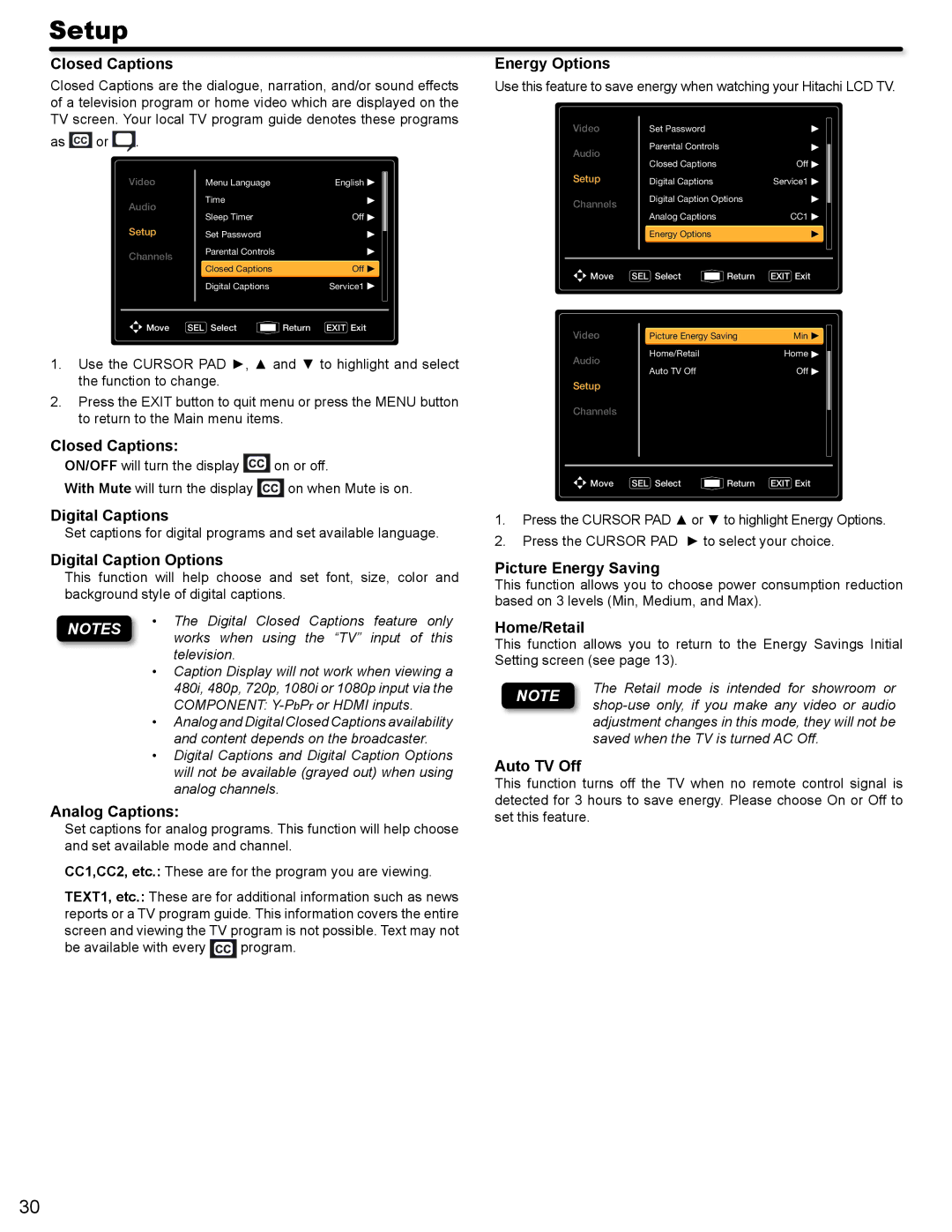 Hitachi L42A404 Closed Captions, Digital Captions, Digital Caption Options, Analog Captions, Energy Options, Home/Retail 