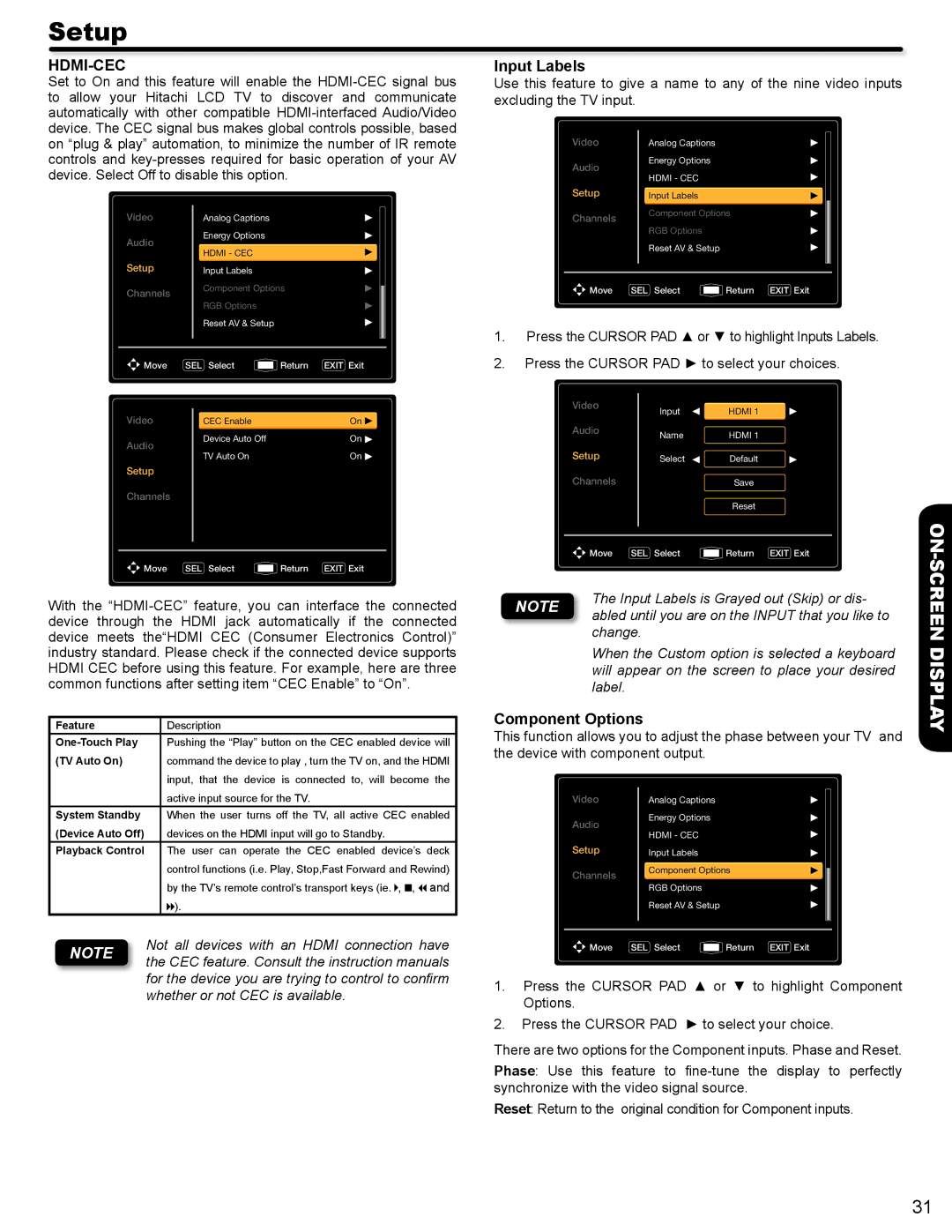 Hitachi L42A404 Hdmi-Cec, Input Labels, Component Options, Press the Cursor PAD or to highlight Inputs Labels 