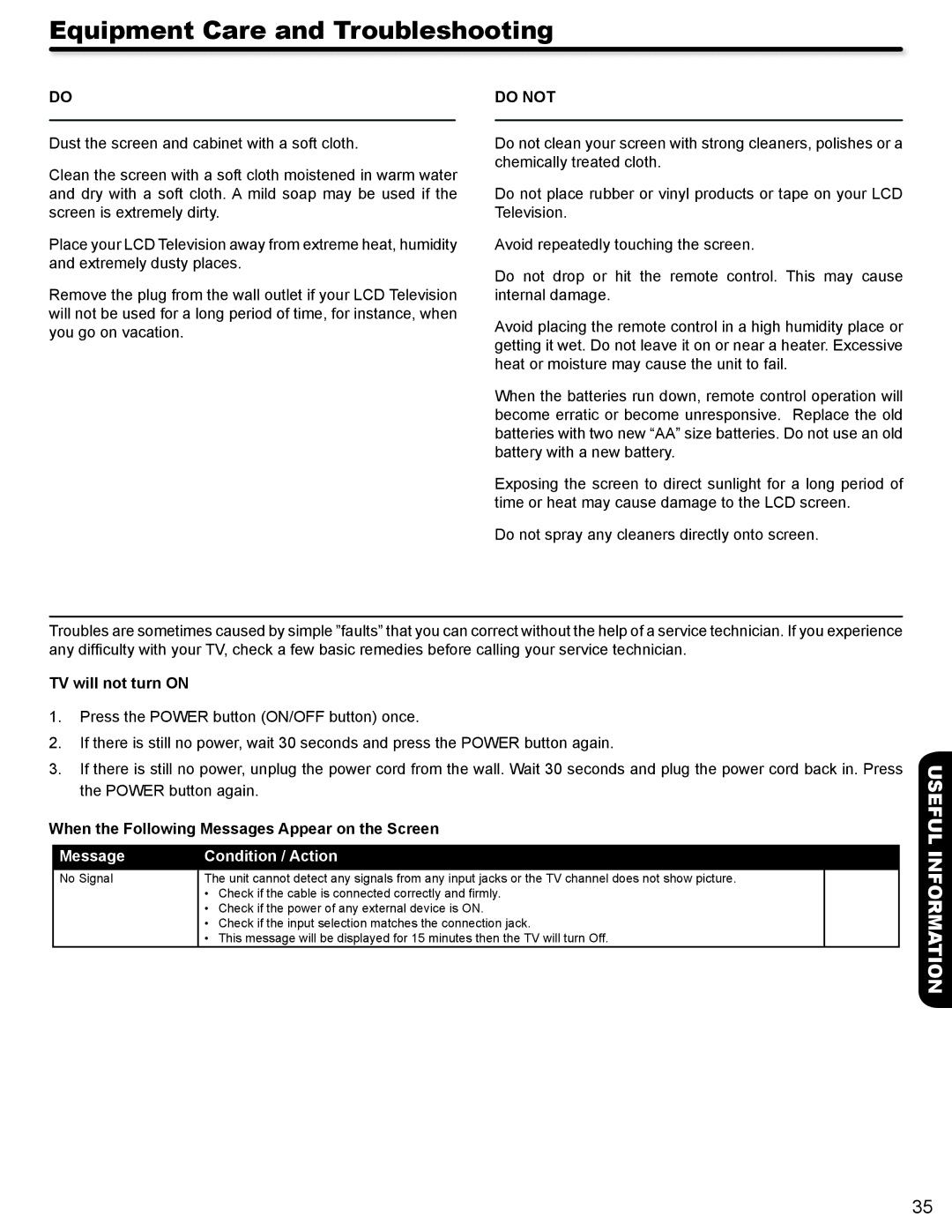 Hitachi L42A404 important safety instructions Equipment Care and Troubleshooting, Do not, TV will not turn on 