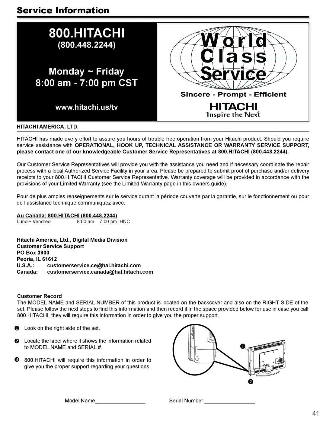 Hitachi L42A404 important safety instructions Service Information, Au Canada 800.HITACHI, Lundi~ Vendredi 