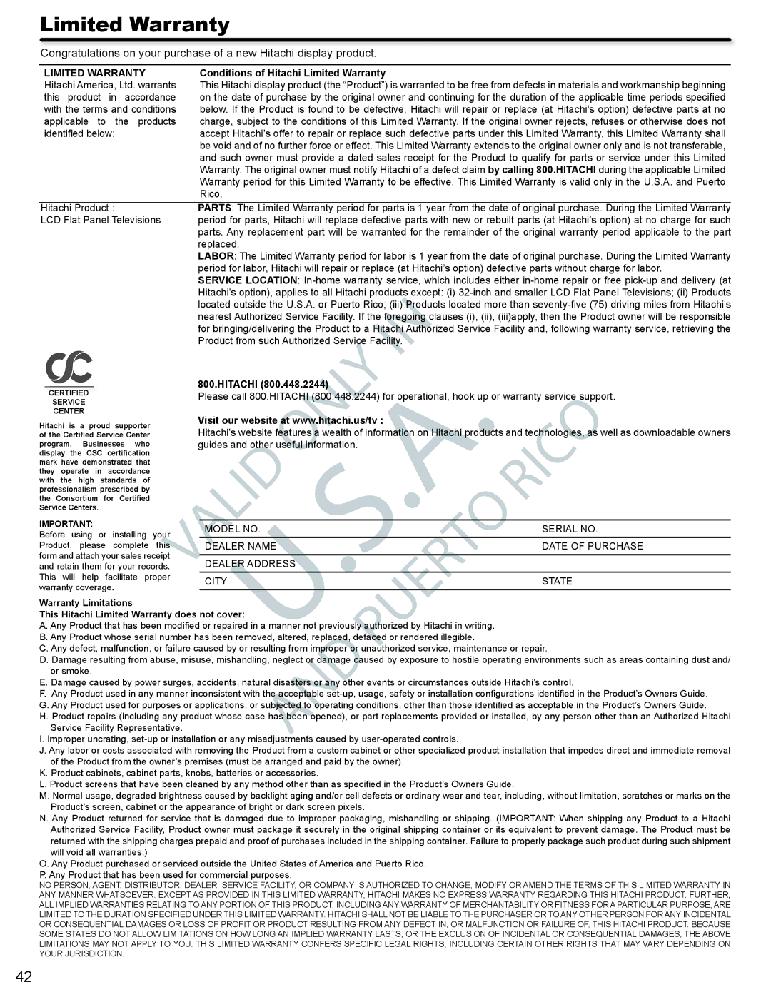 Hitachi L42A404 important safety instructions Conditions of Hitachi Limited Warranty 