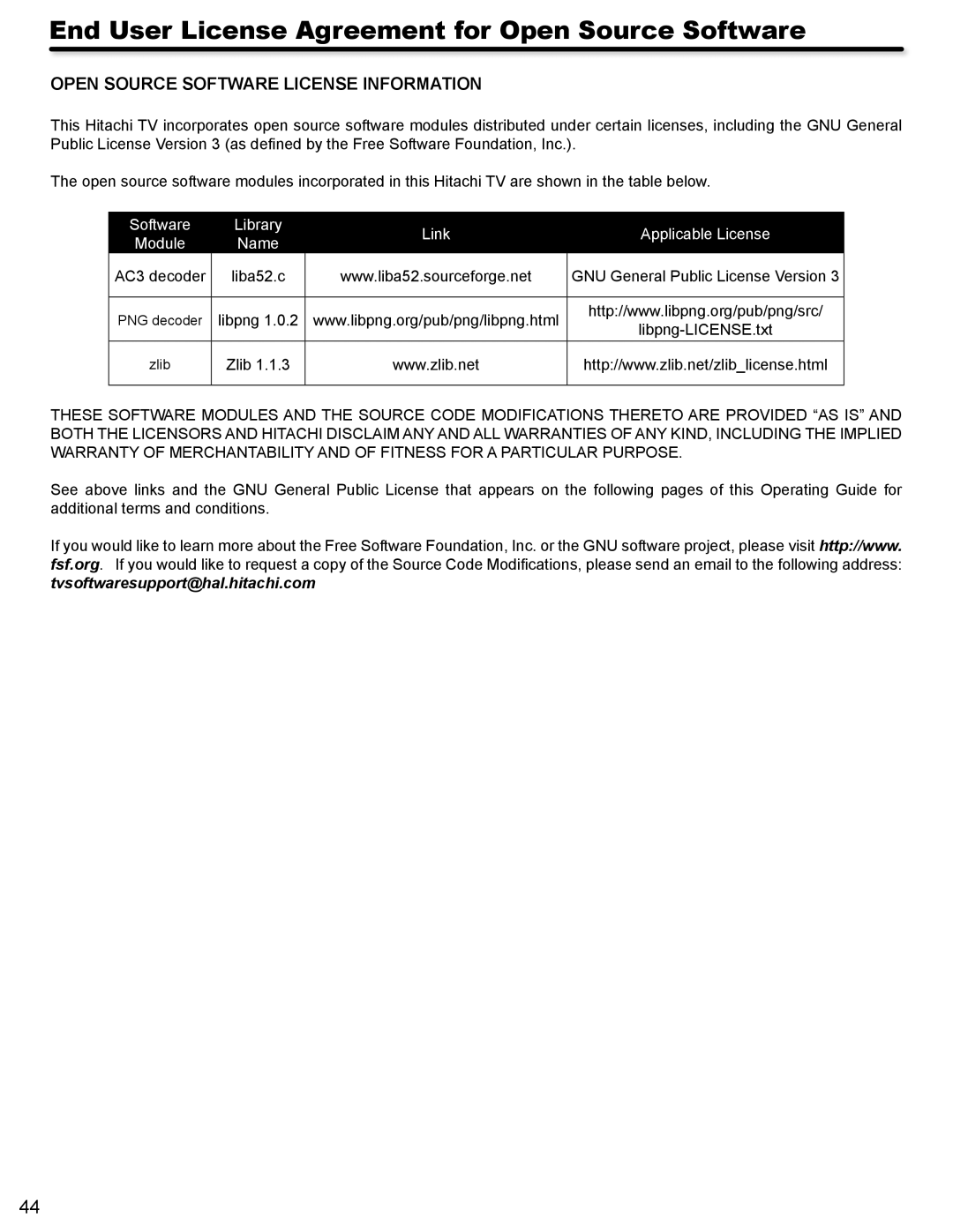 Hitachi L42A404 important safety instructions End User License Agreement for Open Source Software, Zlib 