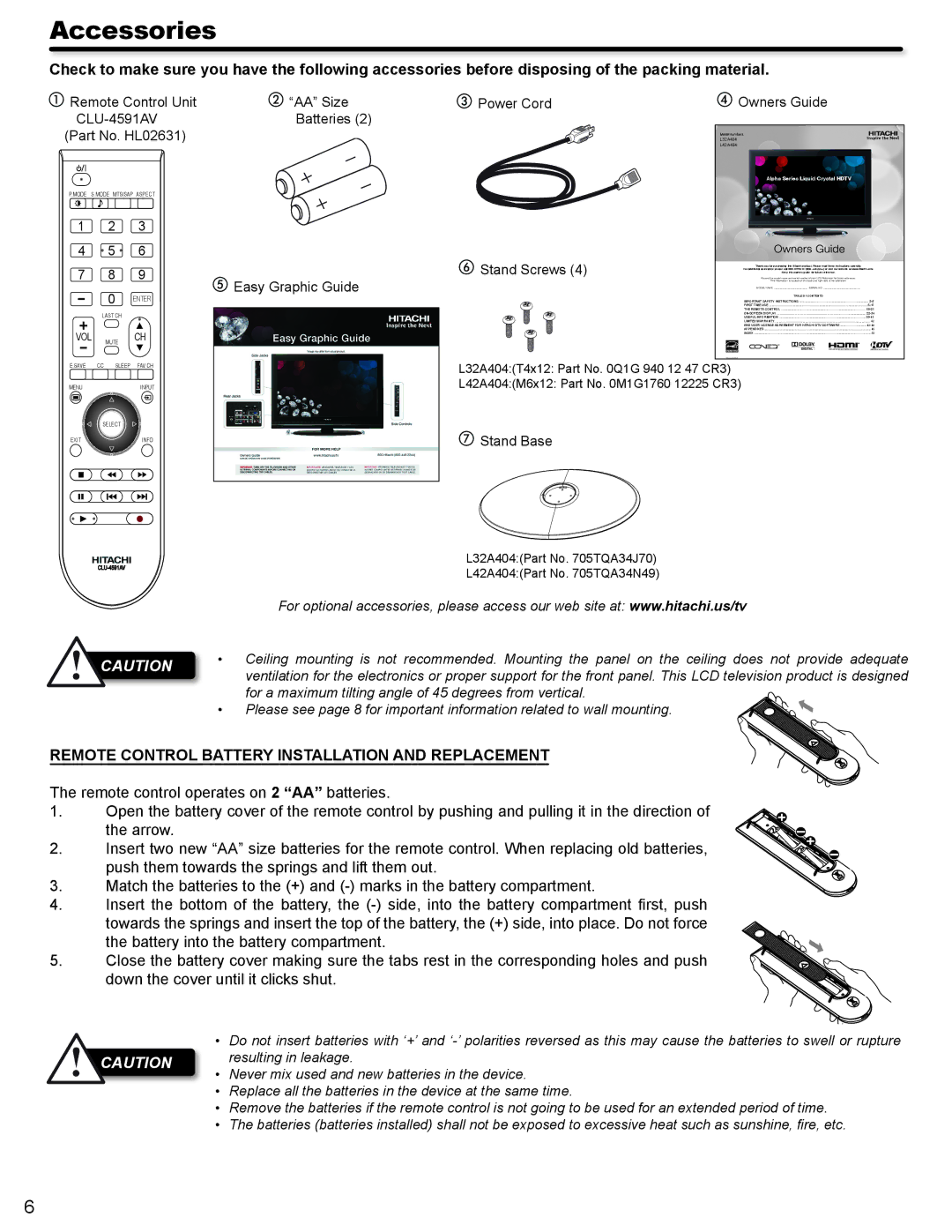 Hitachi L42A404 important safety instructions Accessories, Remote Control Battery Installation and Replacement 