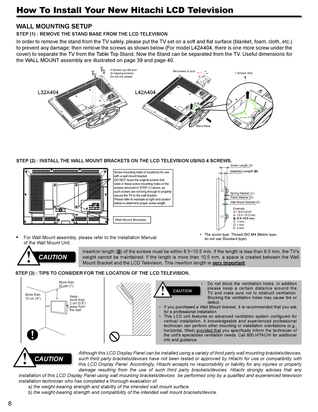 Hitachi L42A404 important safety instructions Wall Mounting Setup 