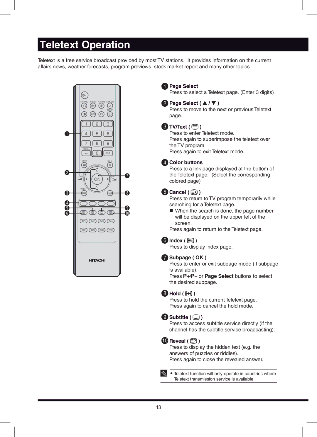 Hitachi L32N03A, L42N03A user manual Teletext Operation 