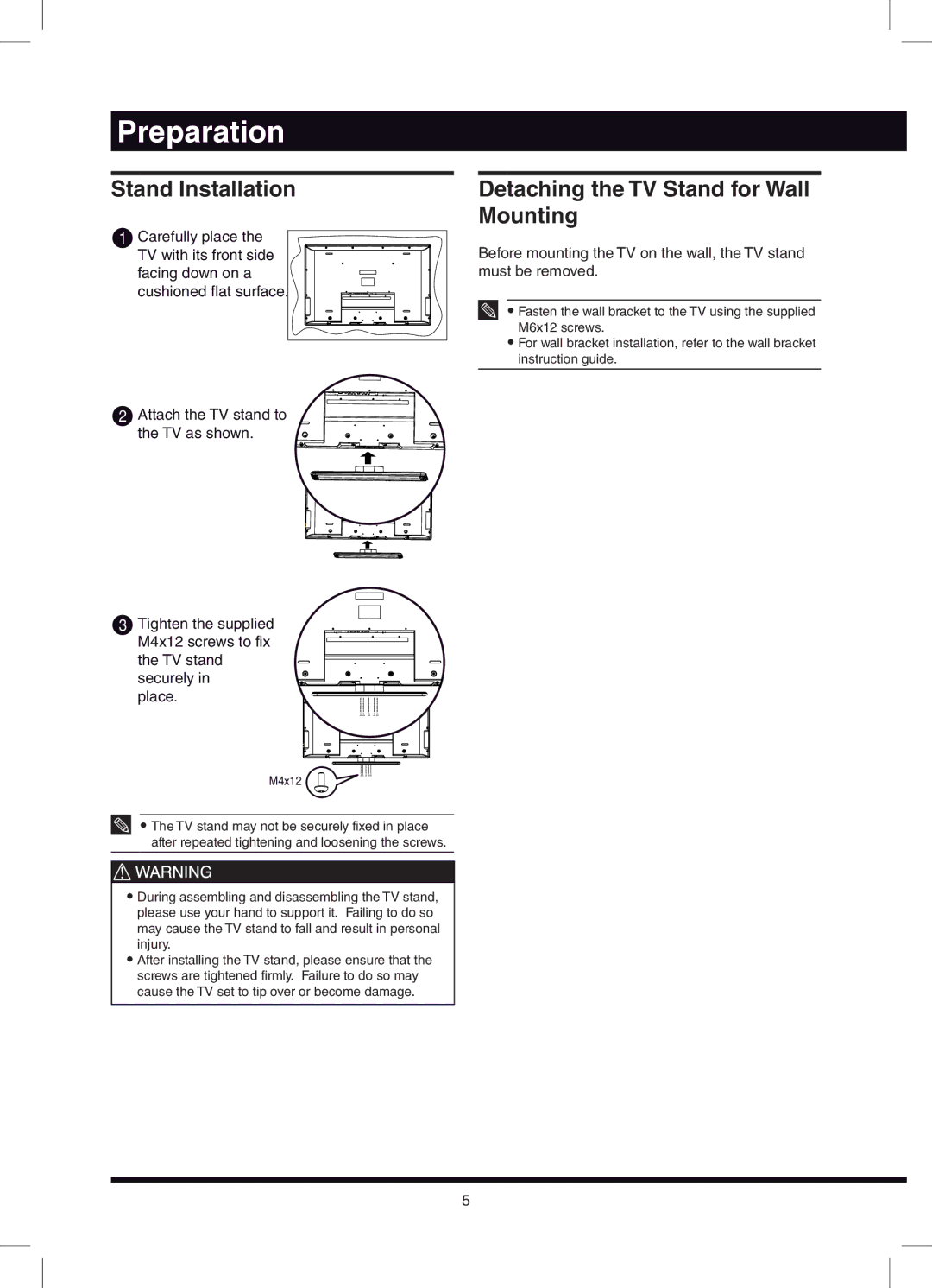 Hitachi L32N03A, L42N03A user manual Preparation, Stand Installation, Detaching the TV Stand for Wall Mounting 