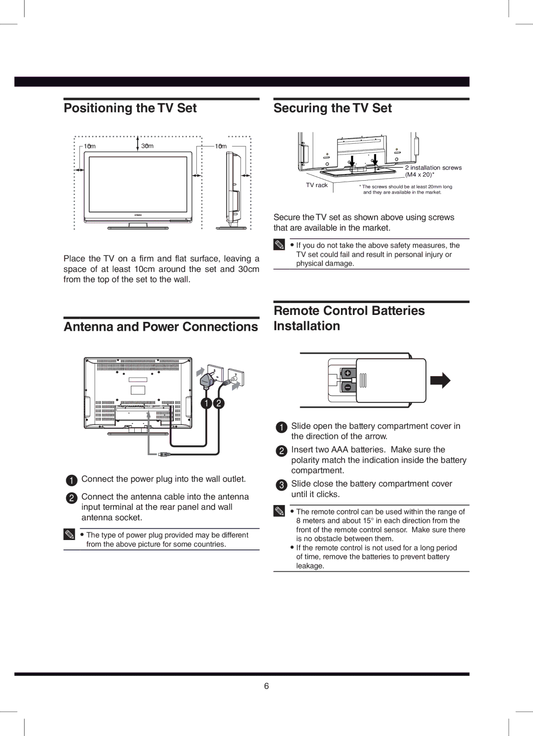 Hitachi L42N03A, L32N03A user manual Positioning the TV Set Securing the TV Set 