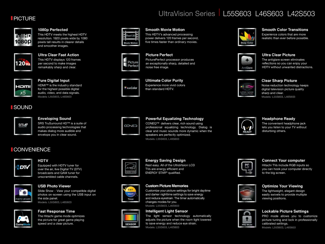 Hitachi L26D103, L42A403, L32A403, L19D103 manual L55S603 L46S603 L42S503, 1080p Perfected 