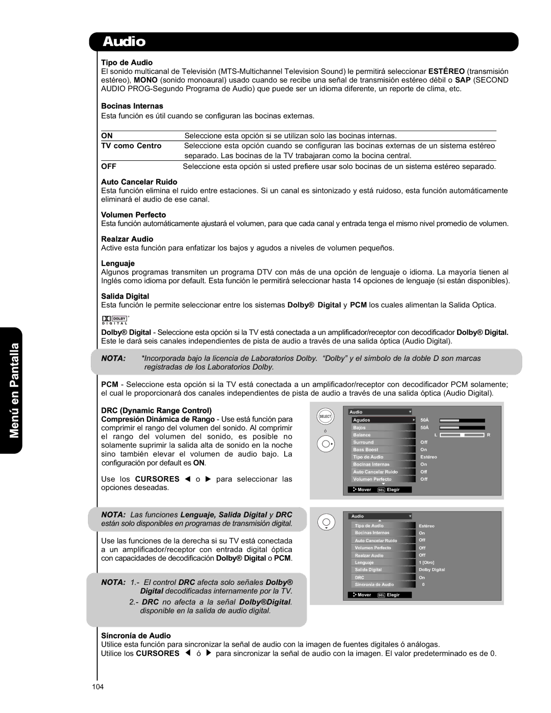 Hitachi L42S601 important safety instructions Menú, Off 