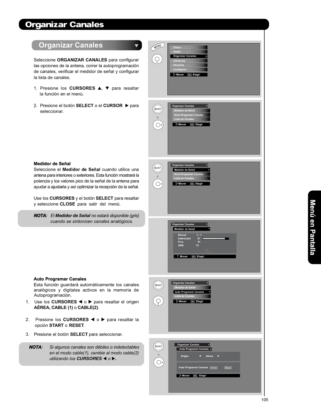 Hitachi L42S601 important safety instructions Medidor de Señal, Auto Programar Canales 