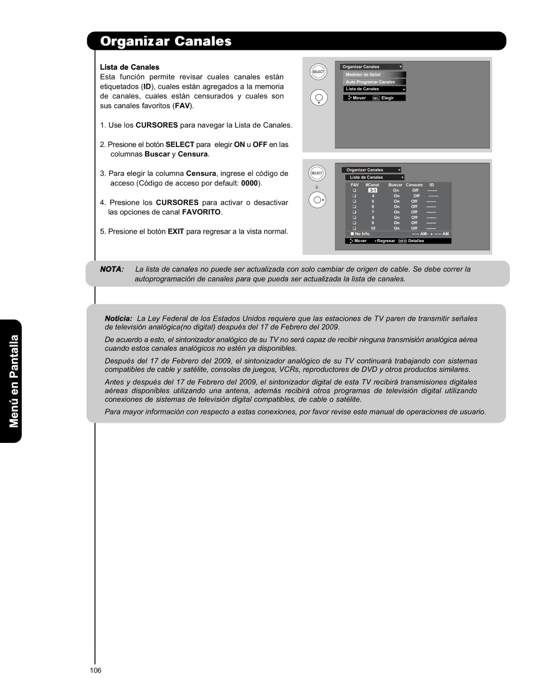 Hitachi L42S601 important safety instructions Menú en Pantalla, Lista de Canales 