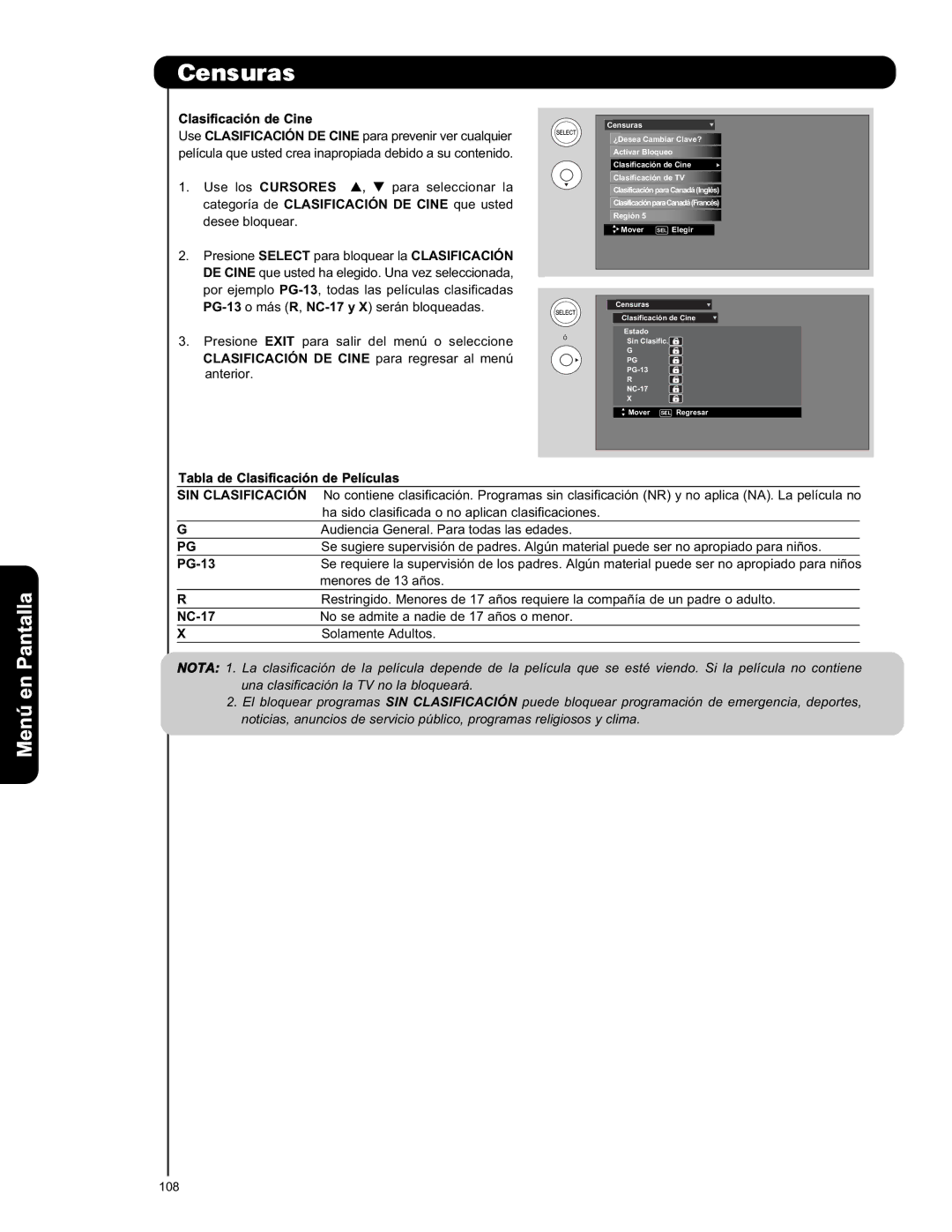 Hitachi L42S601 important safety instructions Clasificación de Cine, Tabla de Clasificación de Películas, PG-13, NC-17 