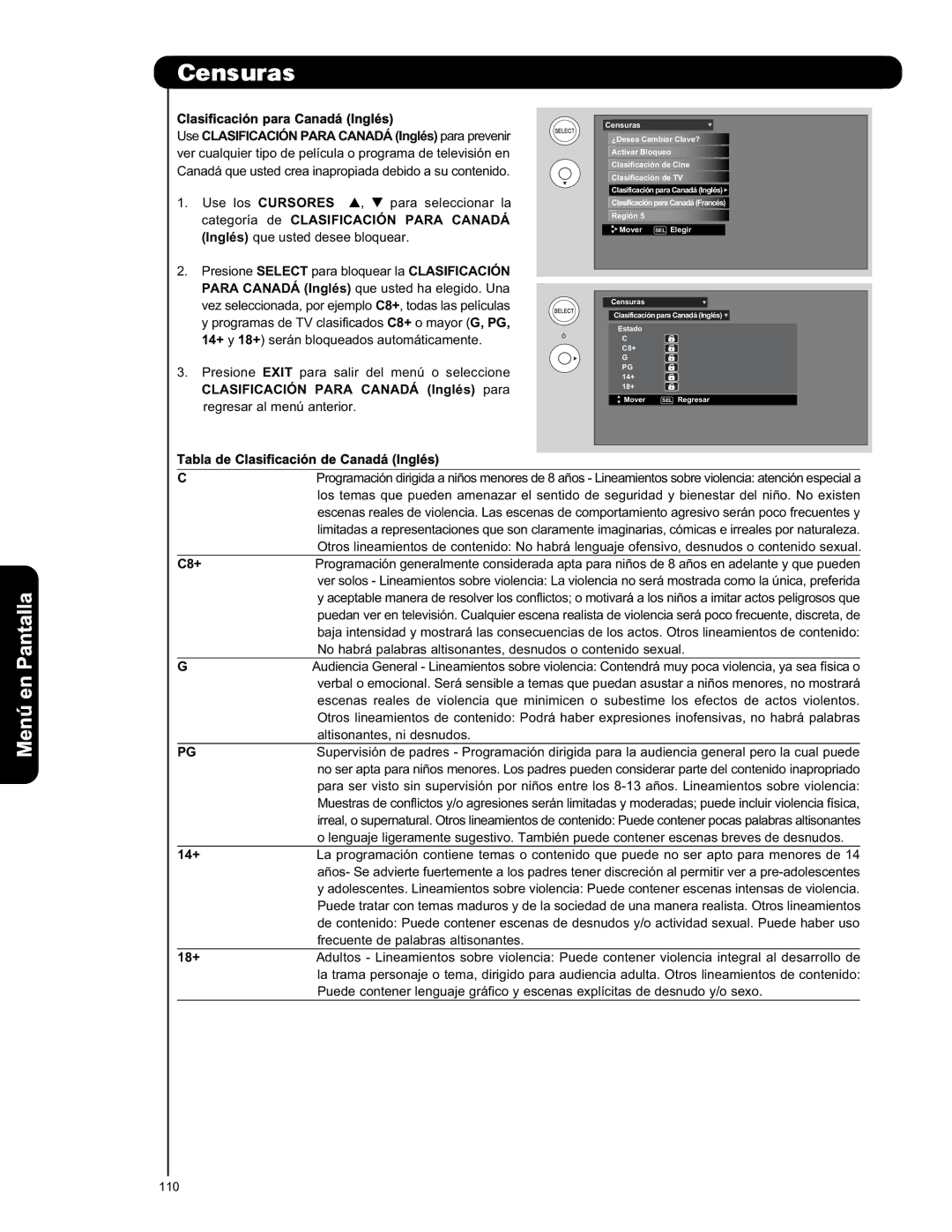 Hitachi L42S601 Clasificación para Canadá Inglés, Use Clasificación Para Canadá Inglés para prevenir, C8+ 14+ 18+ 