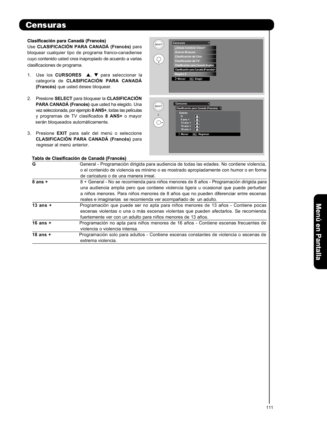 Hitachi L42S601 important safety instructions Tabla de Clasificación de Canadá Francés, Ans + 