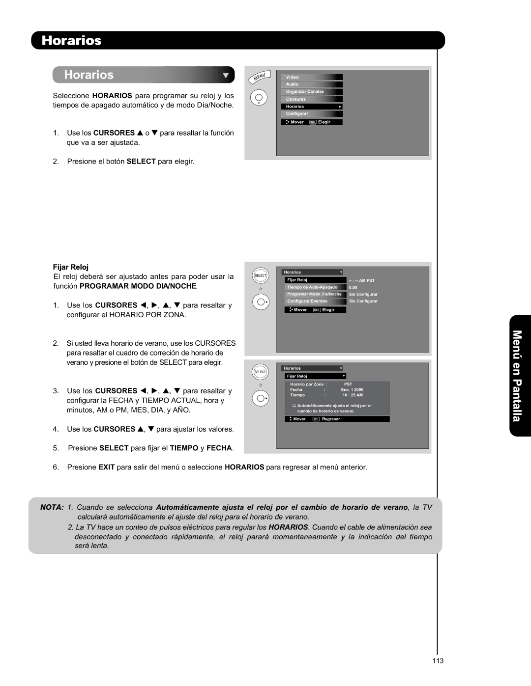 Hitachi L42S601 important safety instructions Horarios, Fijar Reloj 