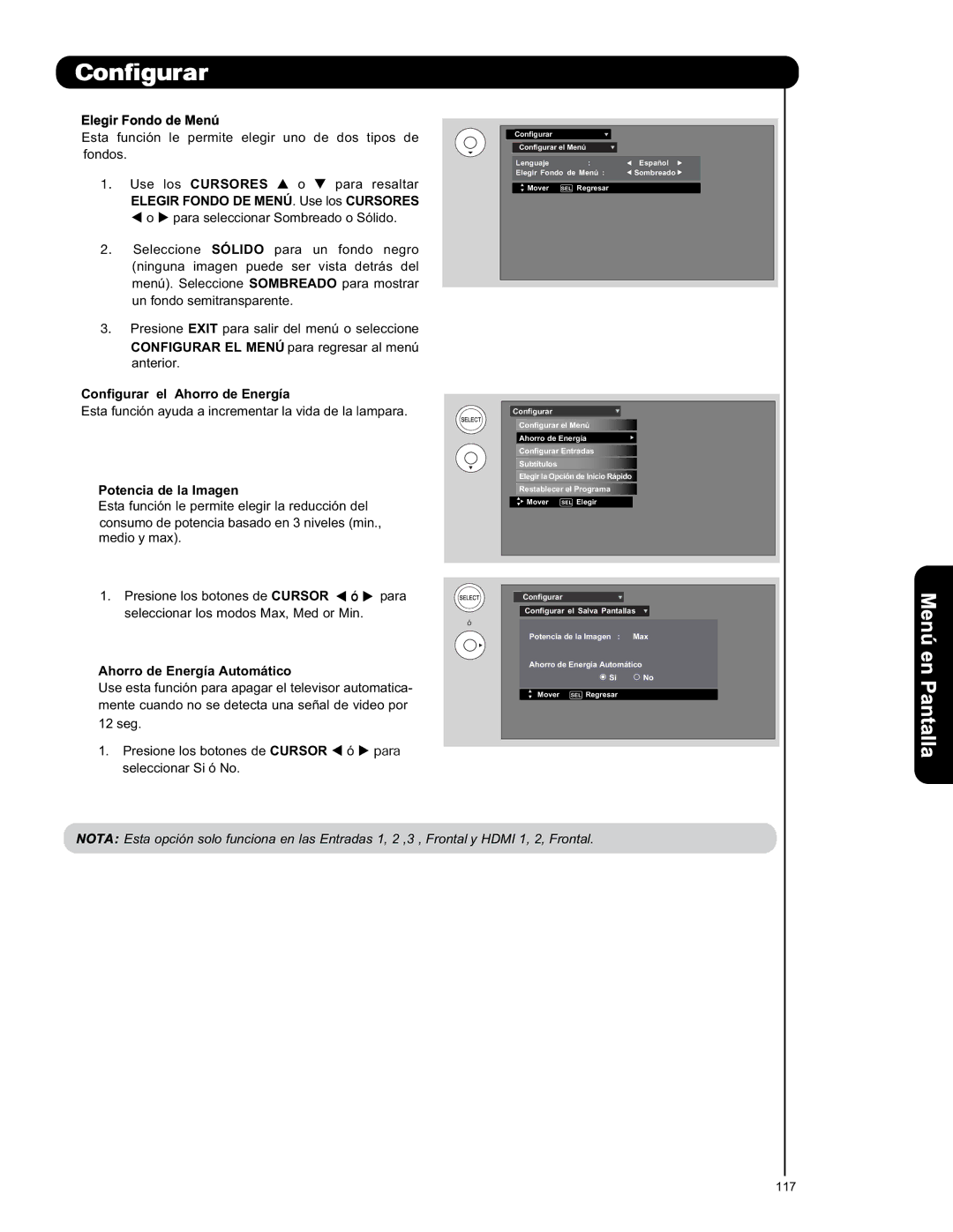 Hitachi L42S601 Elegir Fondo de Menú, Configurar el Ahorro de Energía, Potencia de la Imagen, Ahorro de Energía Automático 