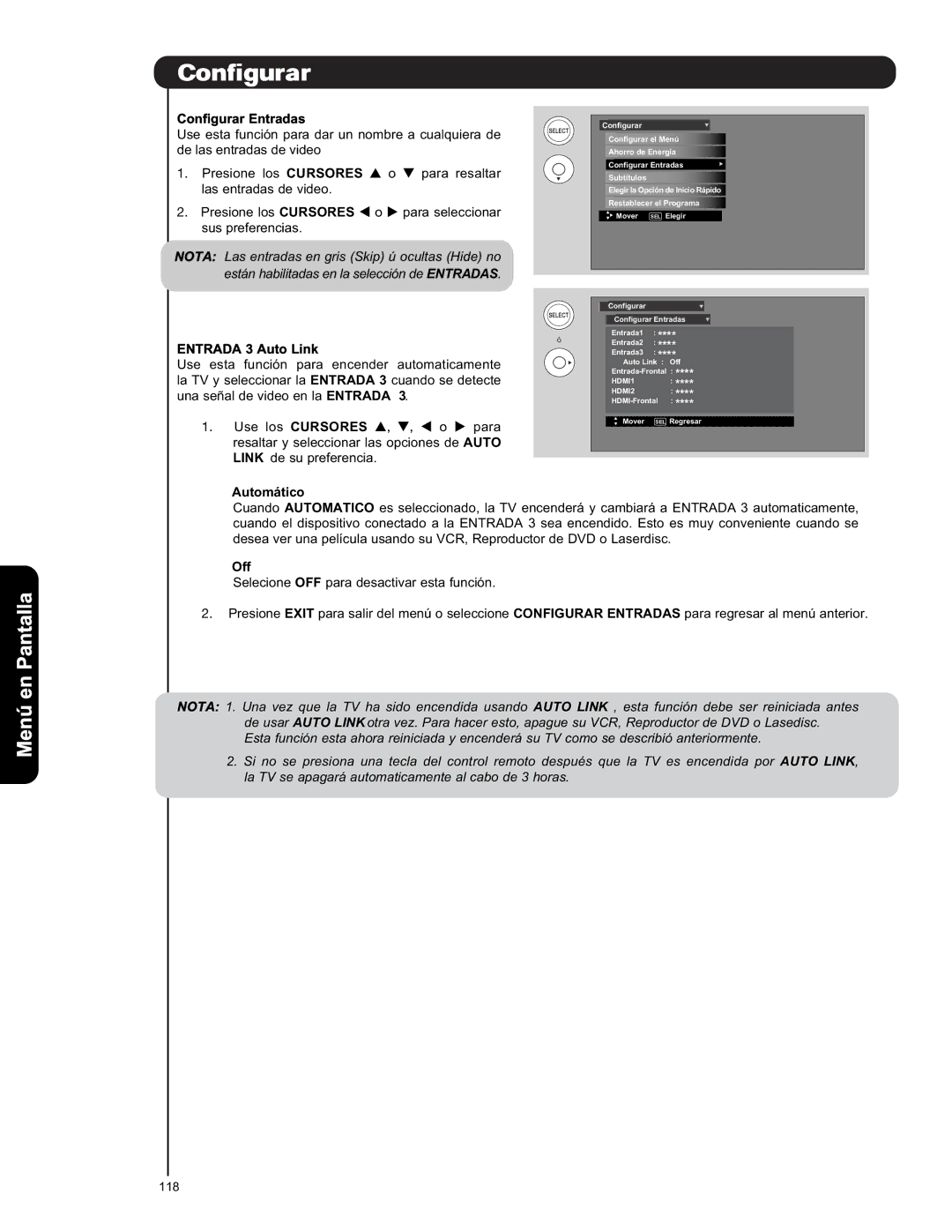 Hitachi L42S601 important safety instructions Configurar Entradas, Entrada 3 Auto Link, Automático 