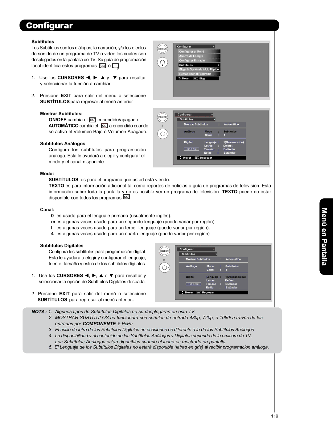 Hitachi L42S601 Mostrar Subtítulos, Automático cambia el, Subtítulos Análogos, Modo, Canal, Subtítulos Digitales 