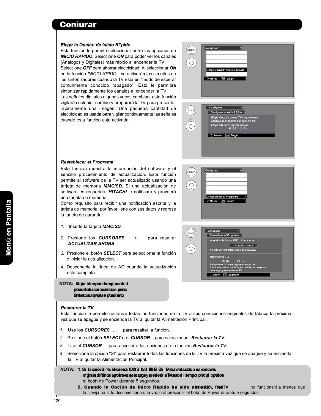 Hitachi L42S601 Elegir la Opción de Inicio Rápido, Restablecer el Programa, Actualizar Ahora, Restaurar la TV 