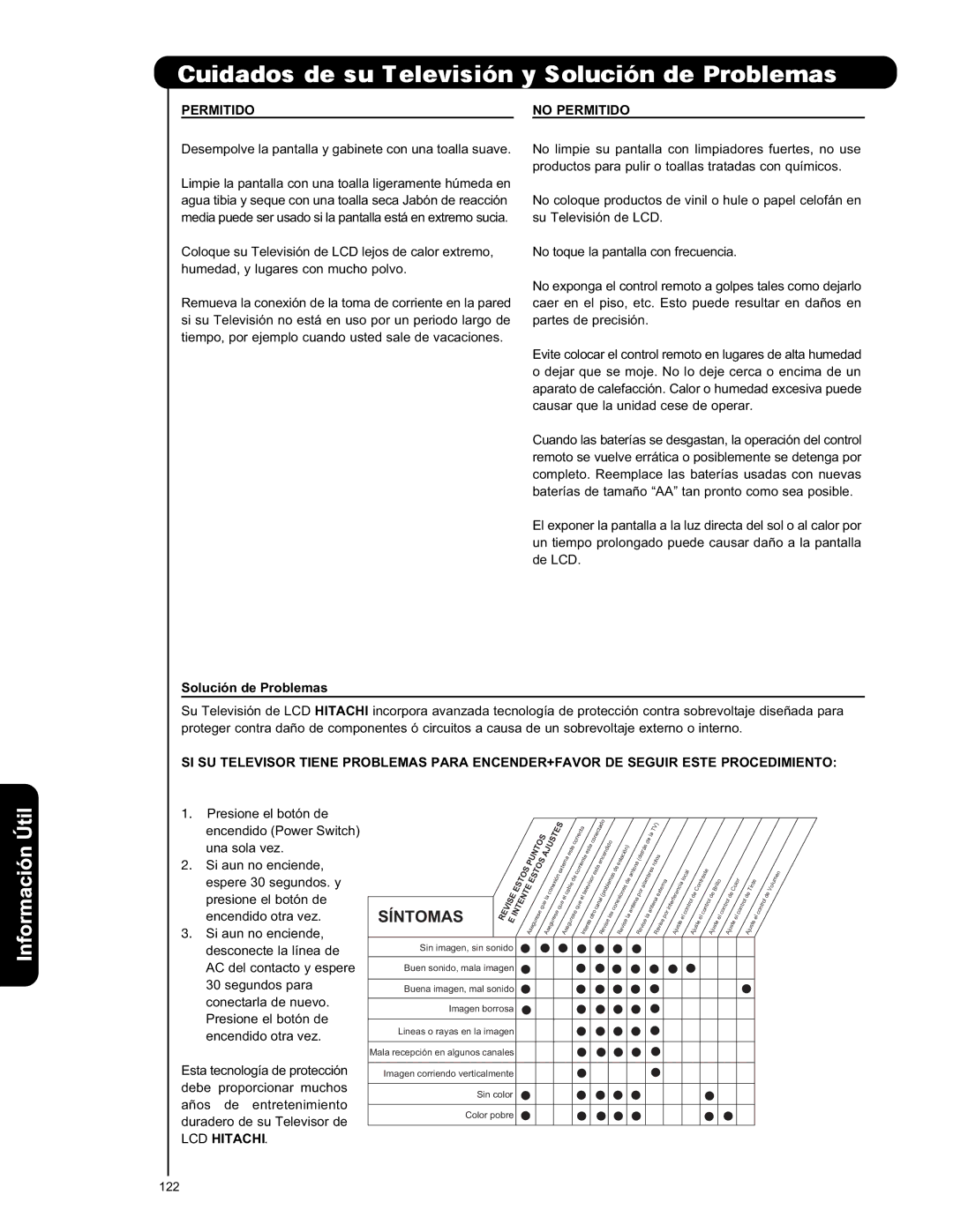 Hitachi L42S601 important safety instructions Información Útil, No Permitido, Solución de Problemas, LCD Hitachi 