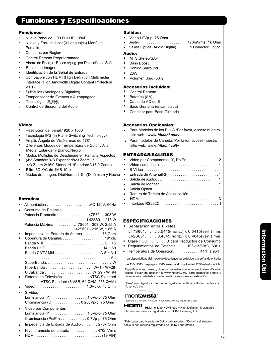 Hitachi L42S601 important safety instructions Entradas/Salidas 