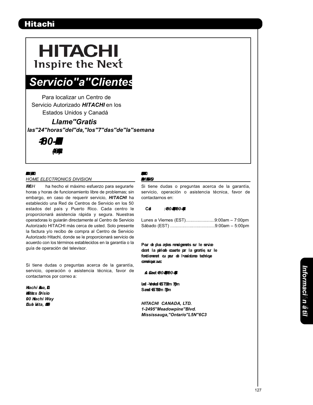 Hitachi L42S601 important safety instructions Servicio a Clientes, Canadá 1-800-HITACHI 